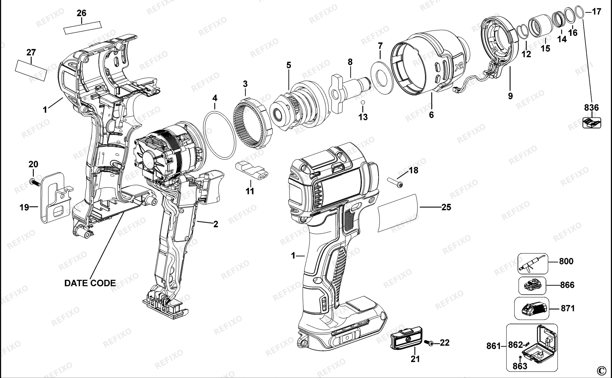 Деталировка DeWalt DCF836-XJ TYPE 2 SCHLAGSCHRAUBER DCF836-XJ DCF836 — схема запчастей в разборе
