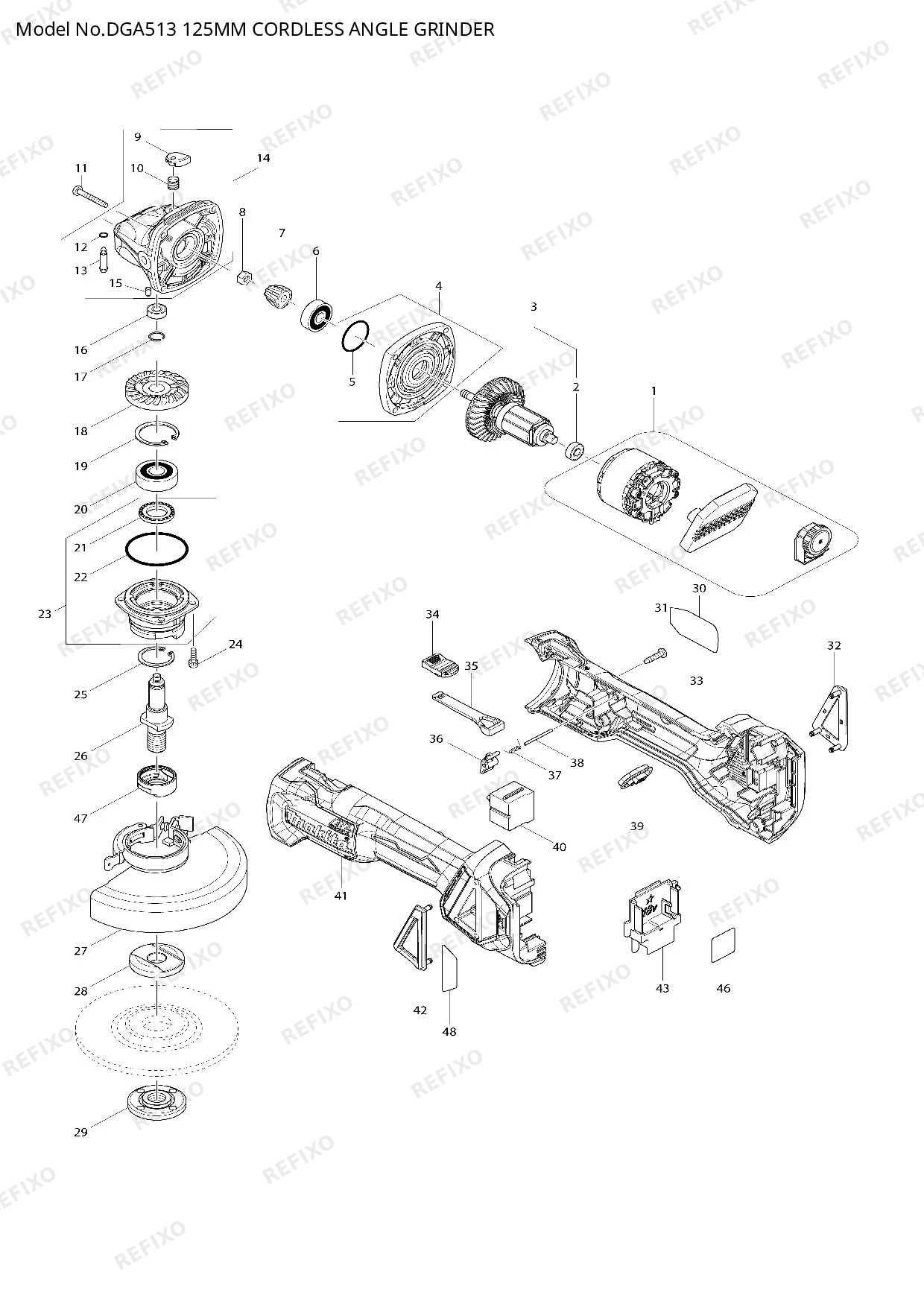 Деталировка MAKITA DGA513 — схема запчастей в разборе