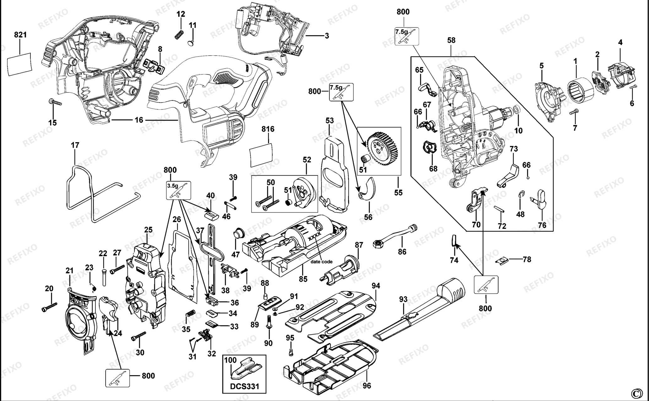 Деталировка DeWalt DCS331-XJ TYPE 10 аккумуляторный - лобзик DCS331-XJ DCS331 — схема запчастей в разборе