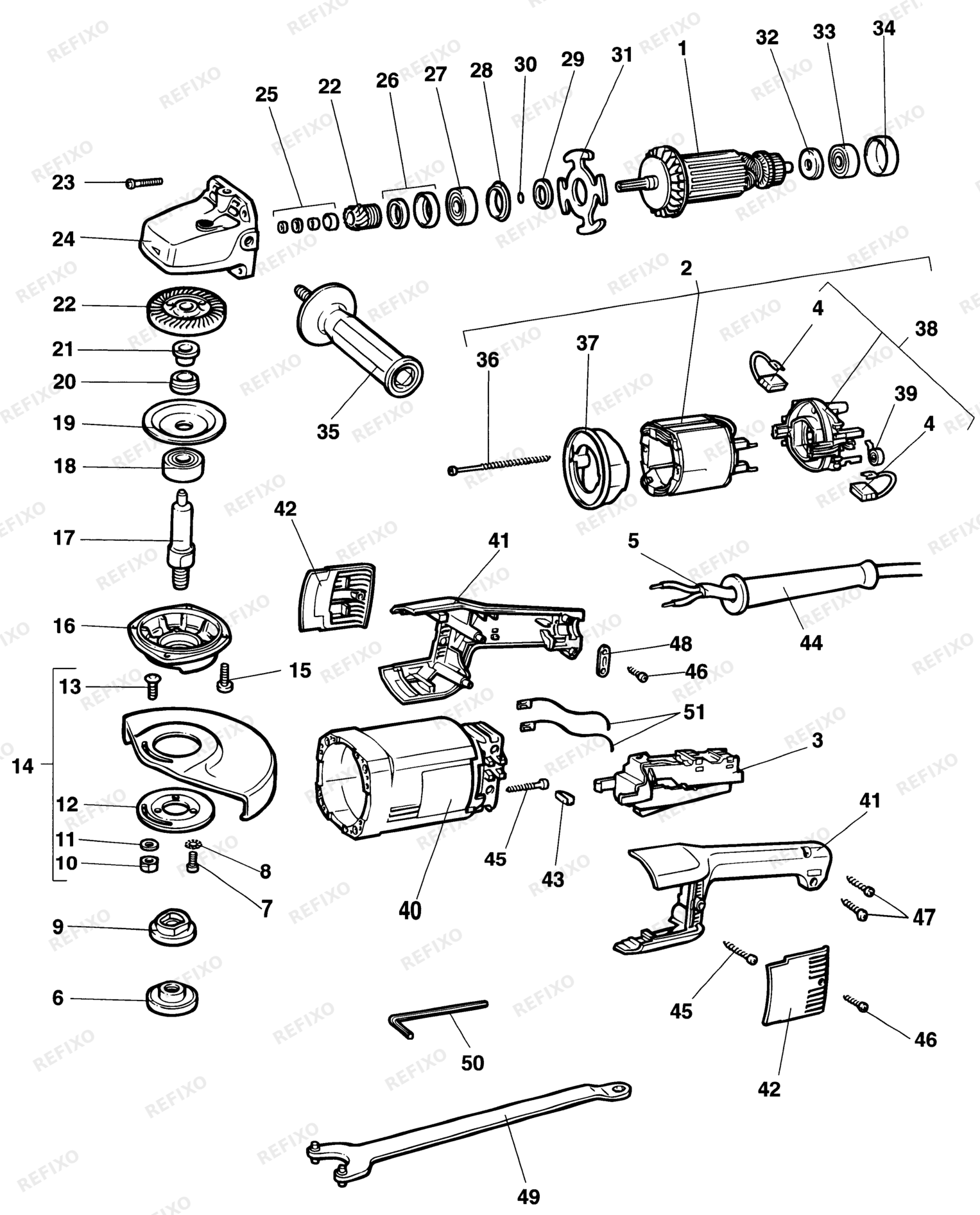 Деталировка DeWalt DW846-XA TYPE 1 угловая шлифмашина DW846-XA DW846 — схема запчастей в разборе