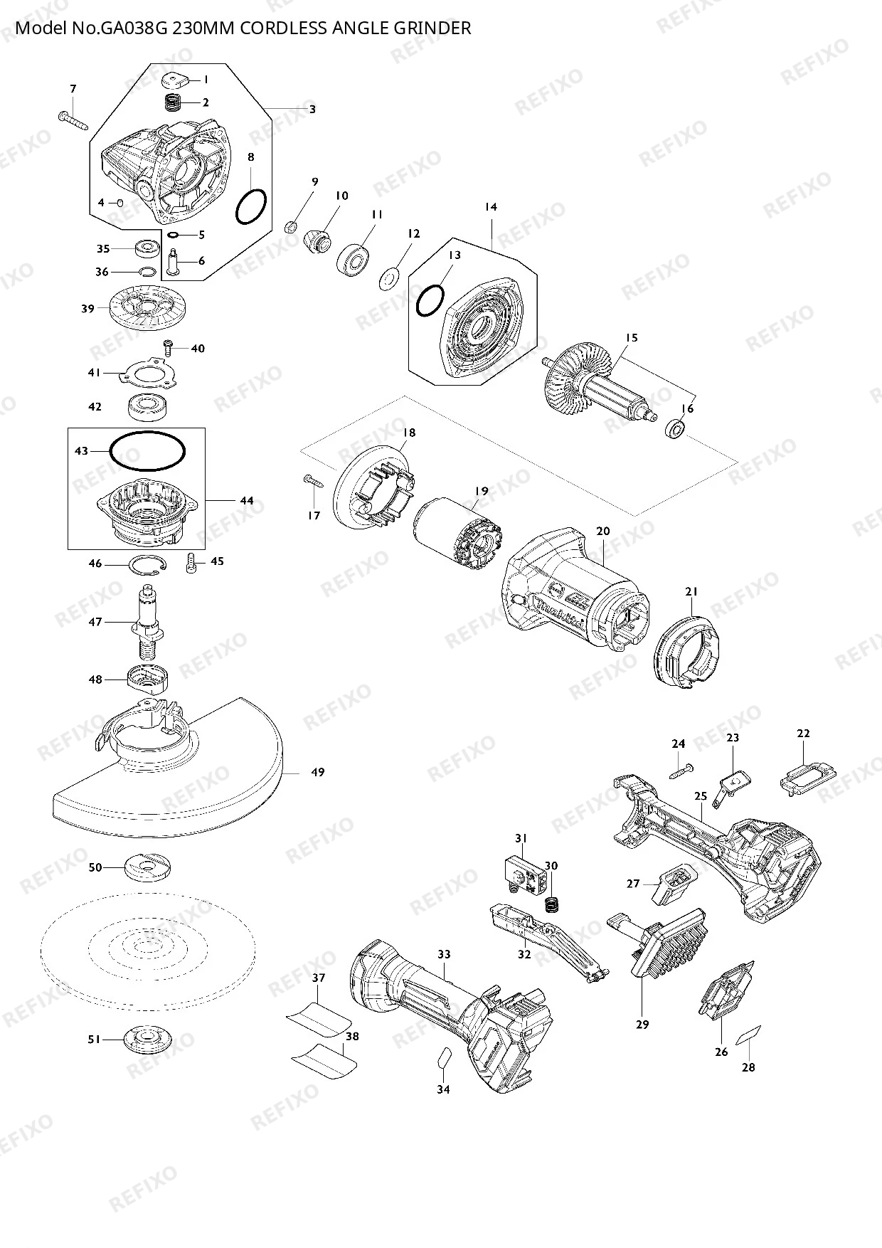Деталировка MAKITA GA038G — схема запчастей в разборе