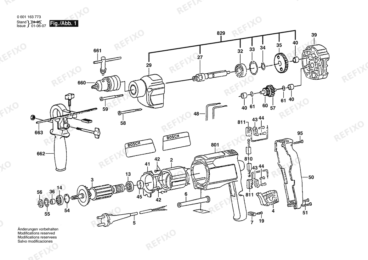 Деталировка Bosch Дрель GBM 13 RE | 115 V | 025 - AMS (0 601 163 771) — схема запчастей в разборе