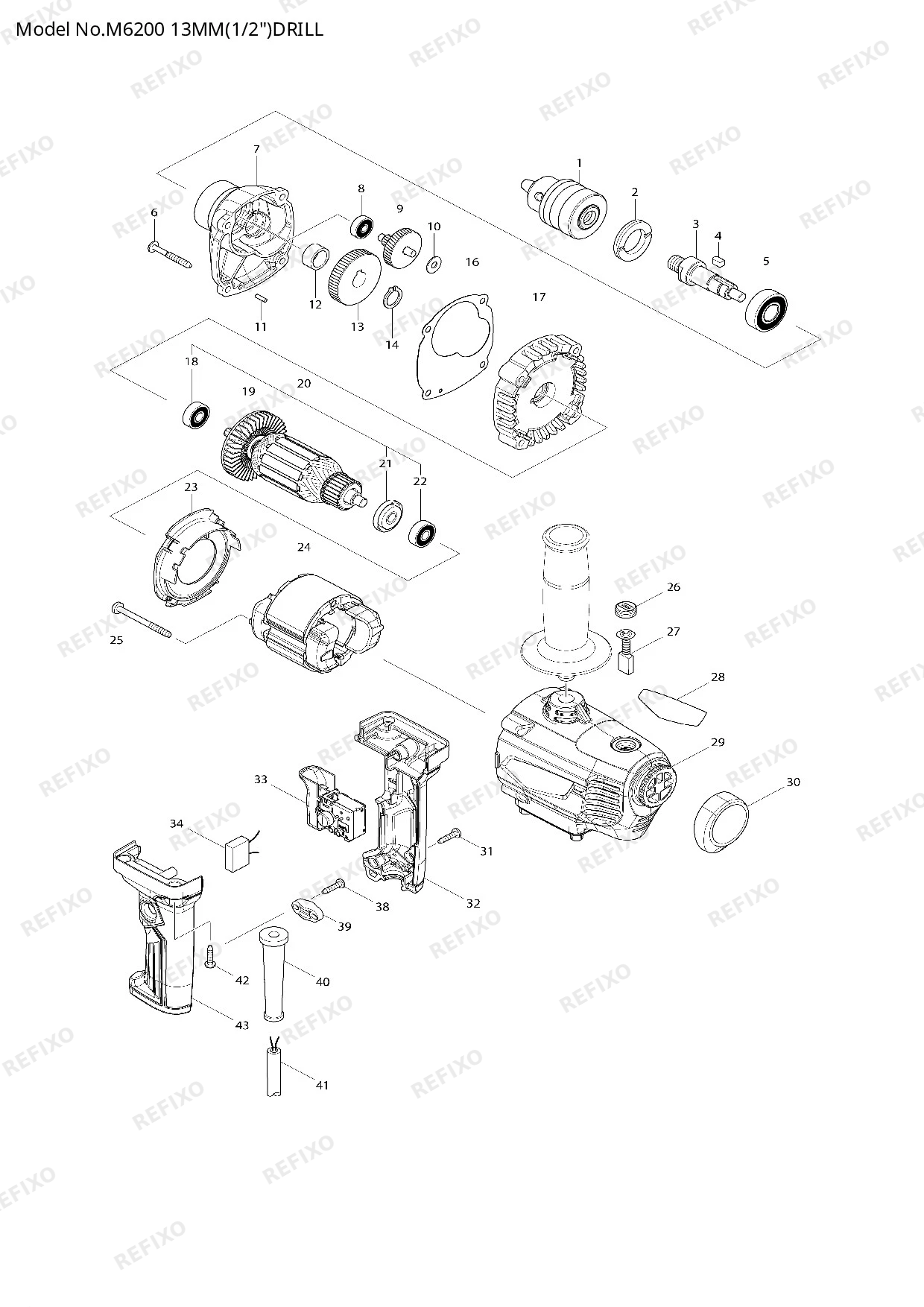 Деталировка MAKITA M6200 — схема запчастей в разборе