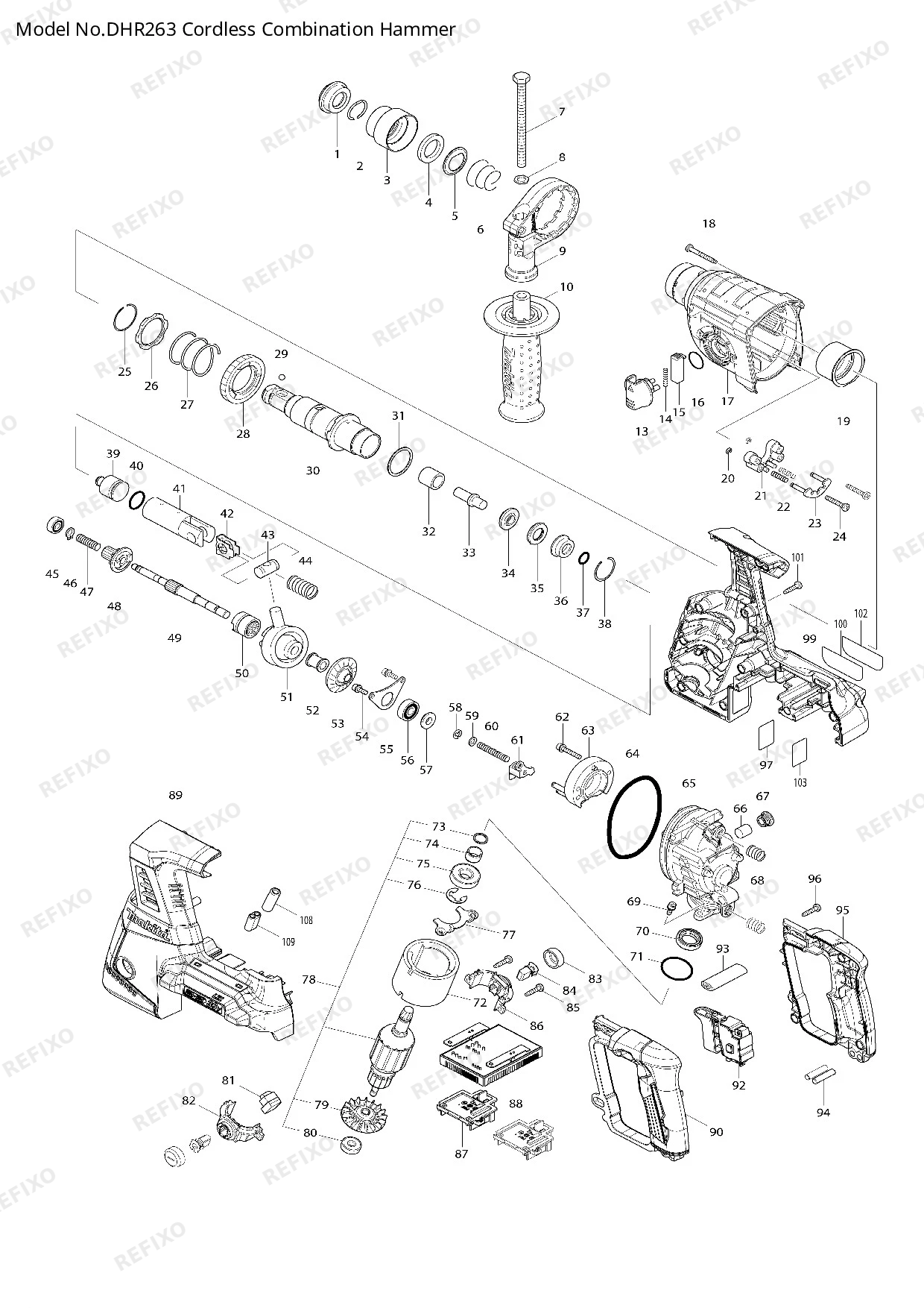 Деталировка MAKITA DHR263 — схема запчастей в разборе