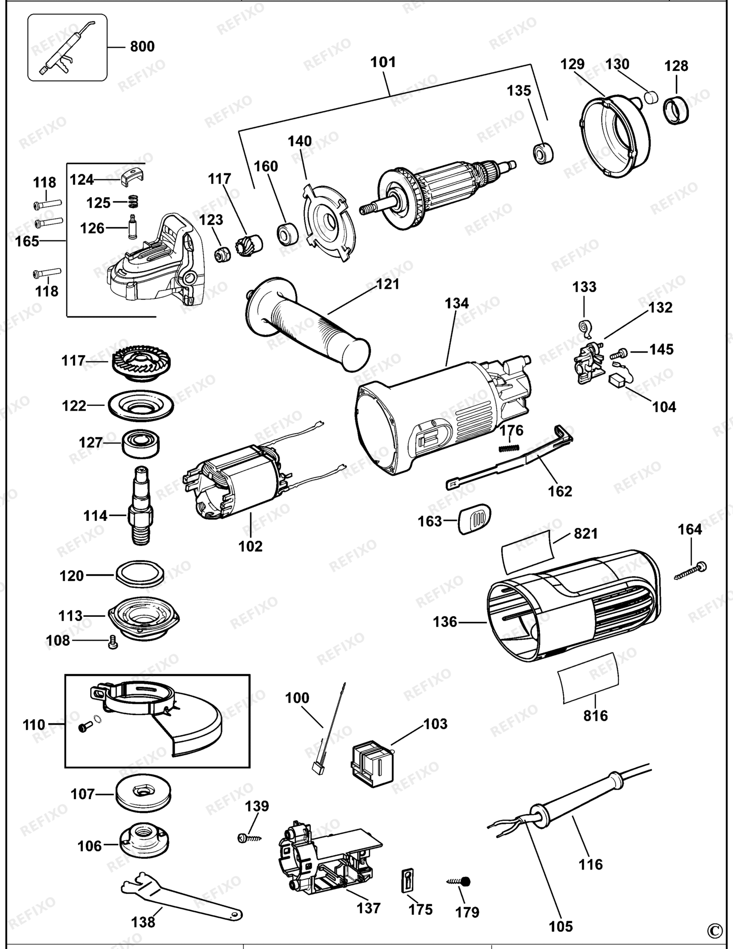 Деталировка DeWalt DWE4115-XJ TYPE 15 SMALL ANGLE GRINDER DWE4115-XJ DWE4115 — схема запчастей в разборе