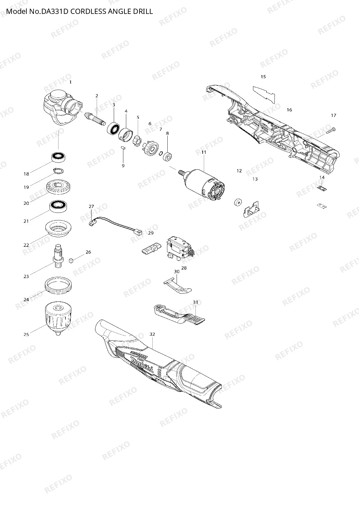 Деталировка MAKITA DA331D — схема запчастей в разборе
