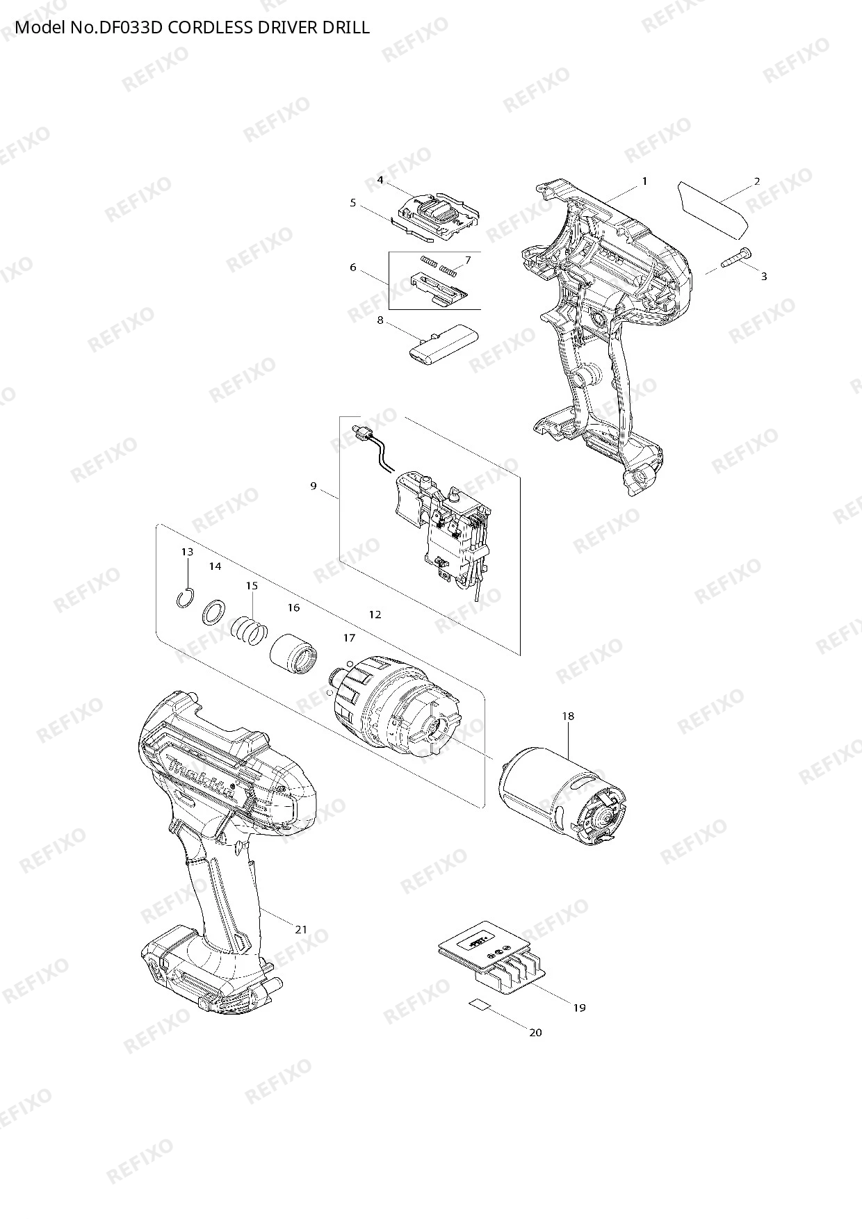 Деталировка MAKITA DF033D — схема запчастей в разборе