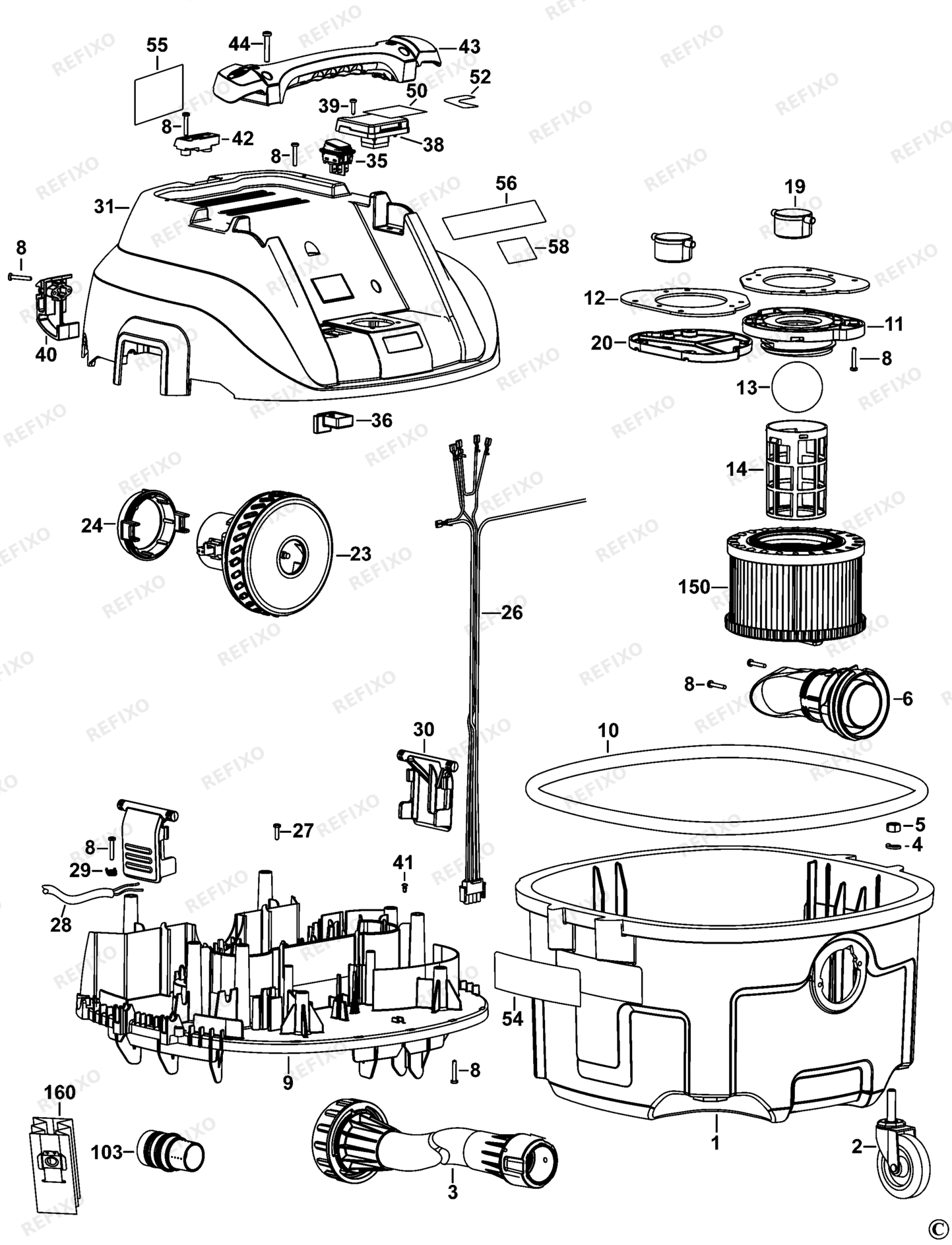 Деталировка DeWalt DWV900L-QS TYPE 1 VACUUM EXTRACTOR DWV900L-QS DWV900L — схема запчастей в разборе