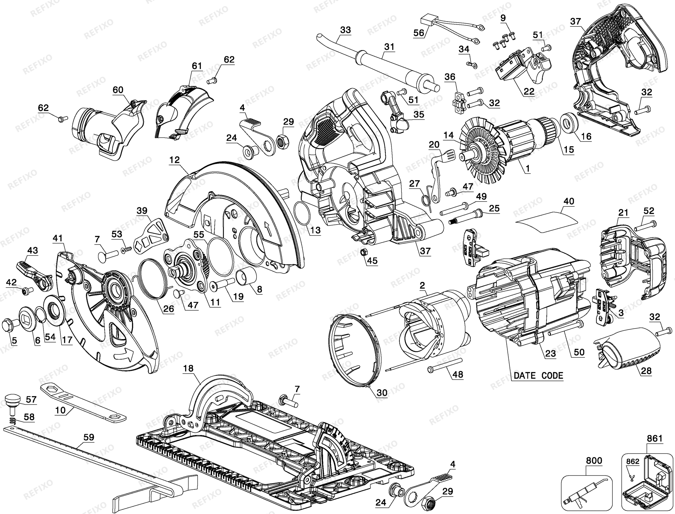 Деталировка DeWalt DWE576K-QS TYPE 1 65mm DOC PRECISION CIRCUL DWE576K-QS DWE576K — схема запчастей в разборе