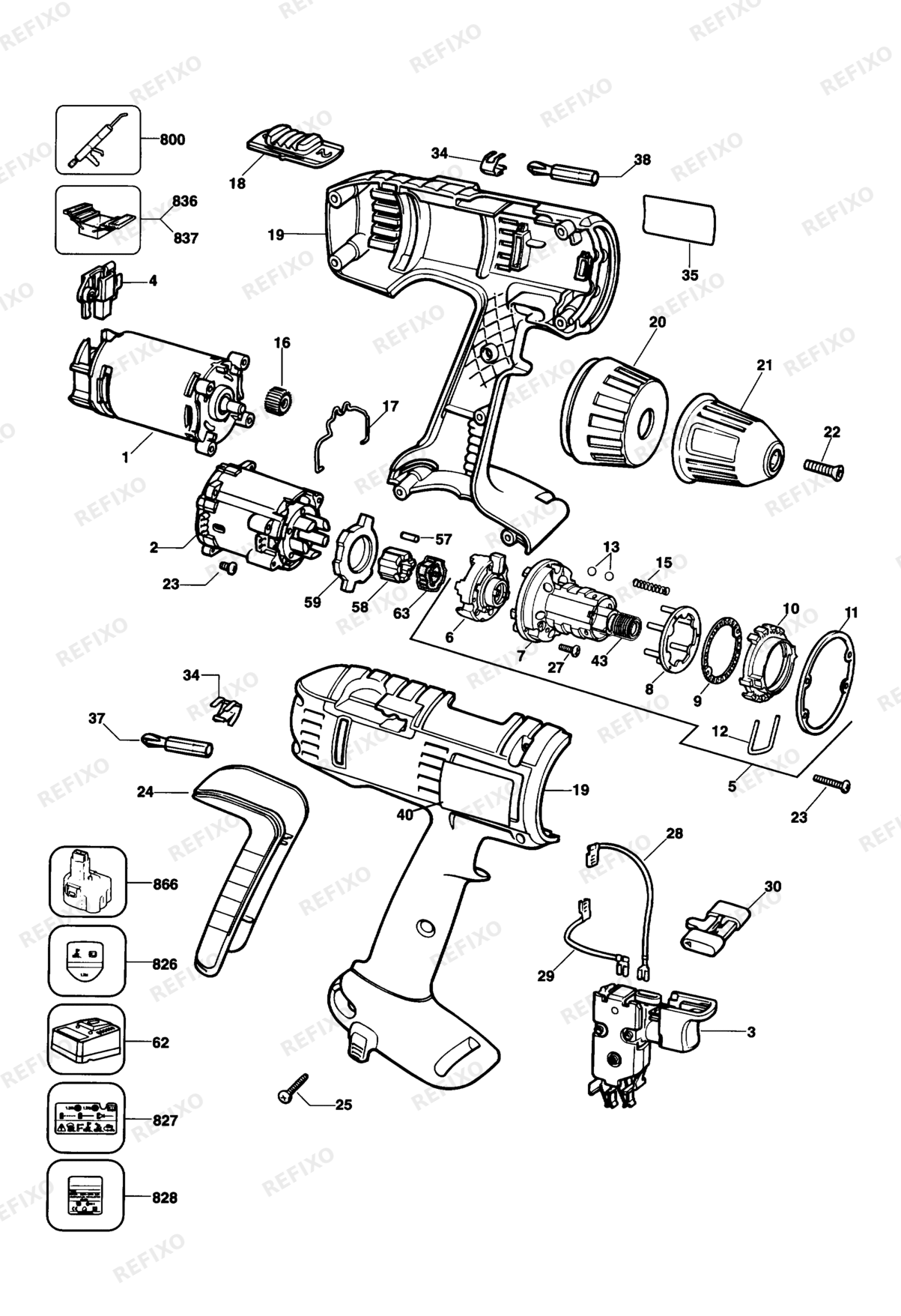 Деталировка DeWalt DW995K-QW TYPE 3 аккумуляторный - дрель DW995K-QW DW995K — схема запчастей в разборе