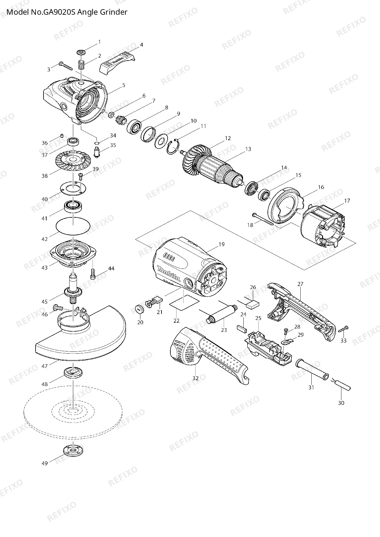 Деталировка MAKITA GA9020S — схема запчастей в разборе