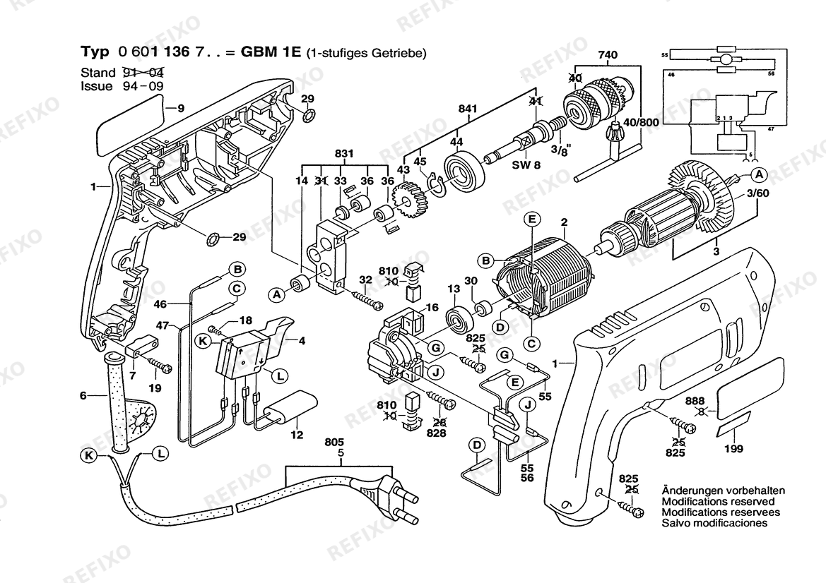 Деталировка Bosch Дрель GBM 1 E | 115 V | 025 - AMS (0 601 136 734) — схема запчастей в разборе