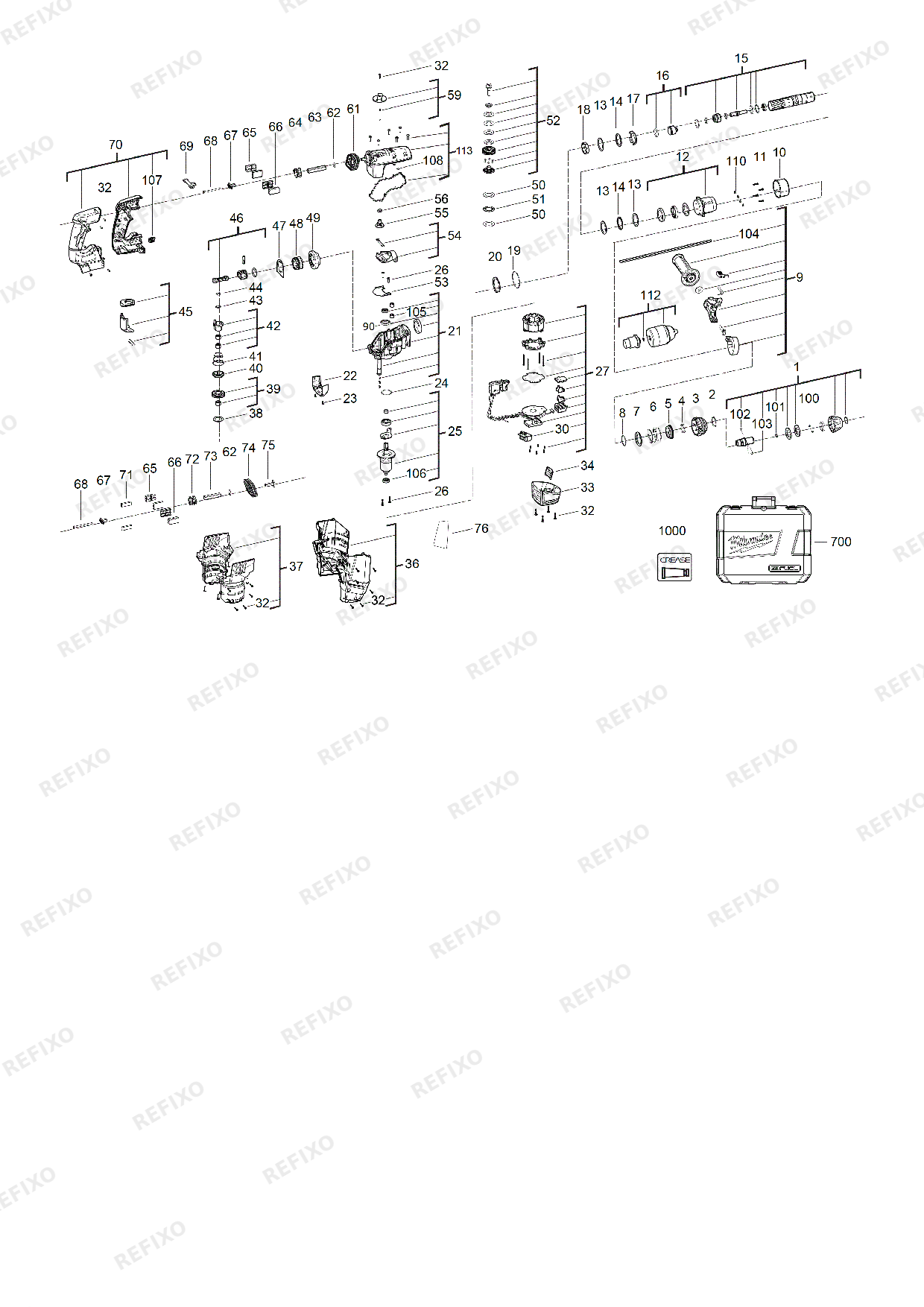 Деталировка MILWAUKEE M18CHPX 0 4933446830 4000446831 — схема запчастей в разборе