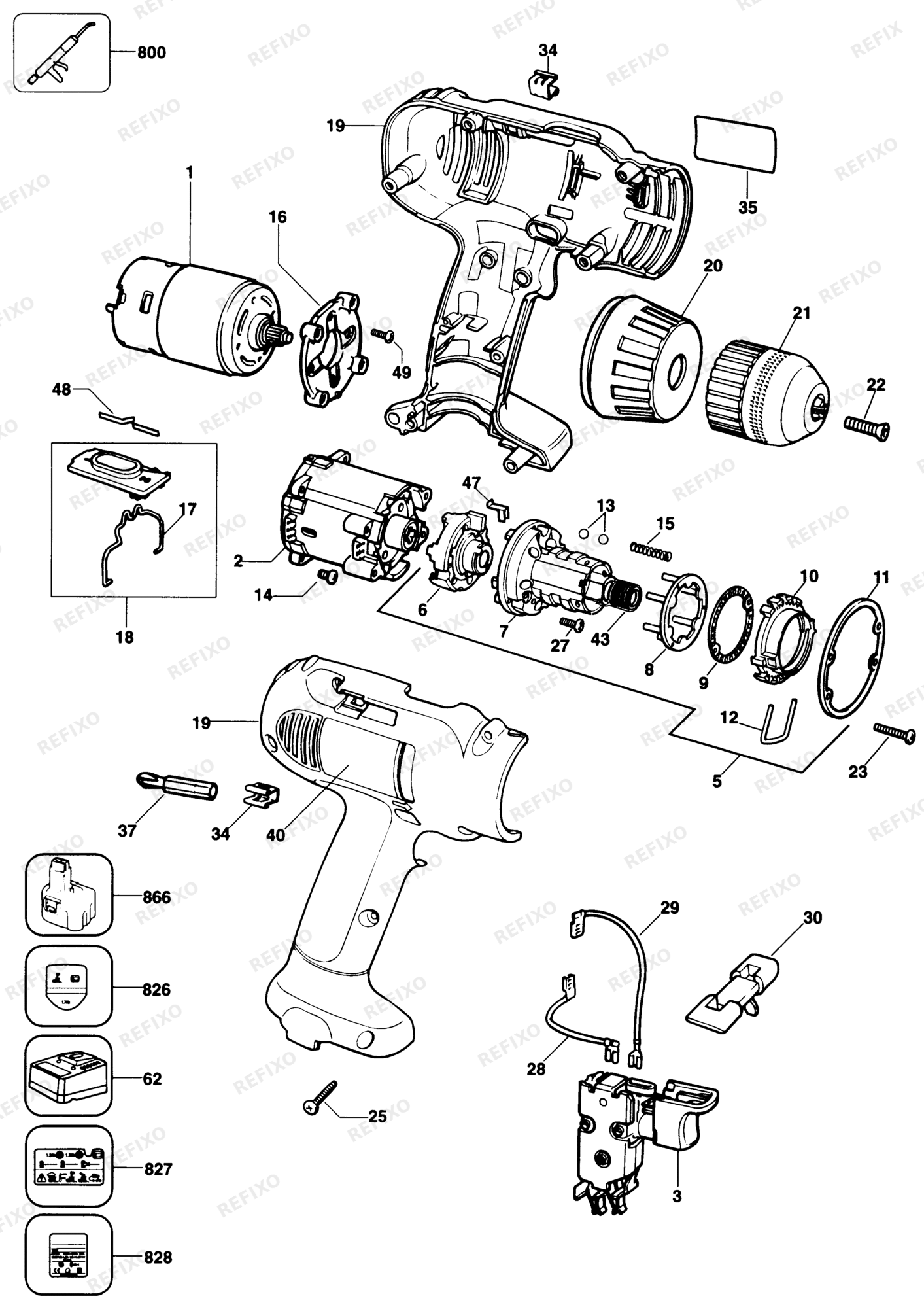 Деталировка DeWalt DW910-QW TYPE 1 аккумуляторный - дрель DW910-QW DW910 — схема запчастей в разборе