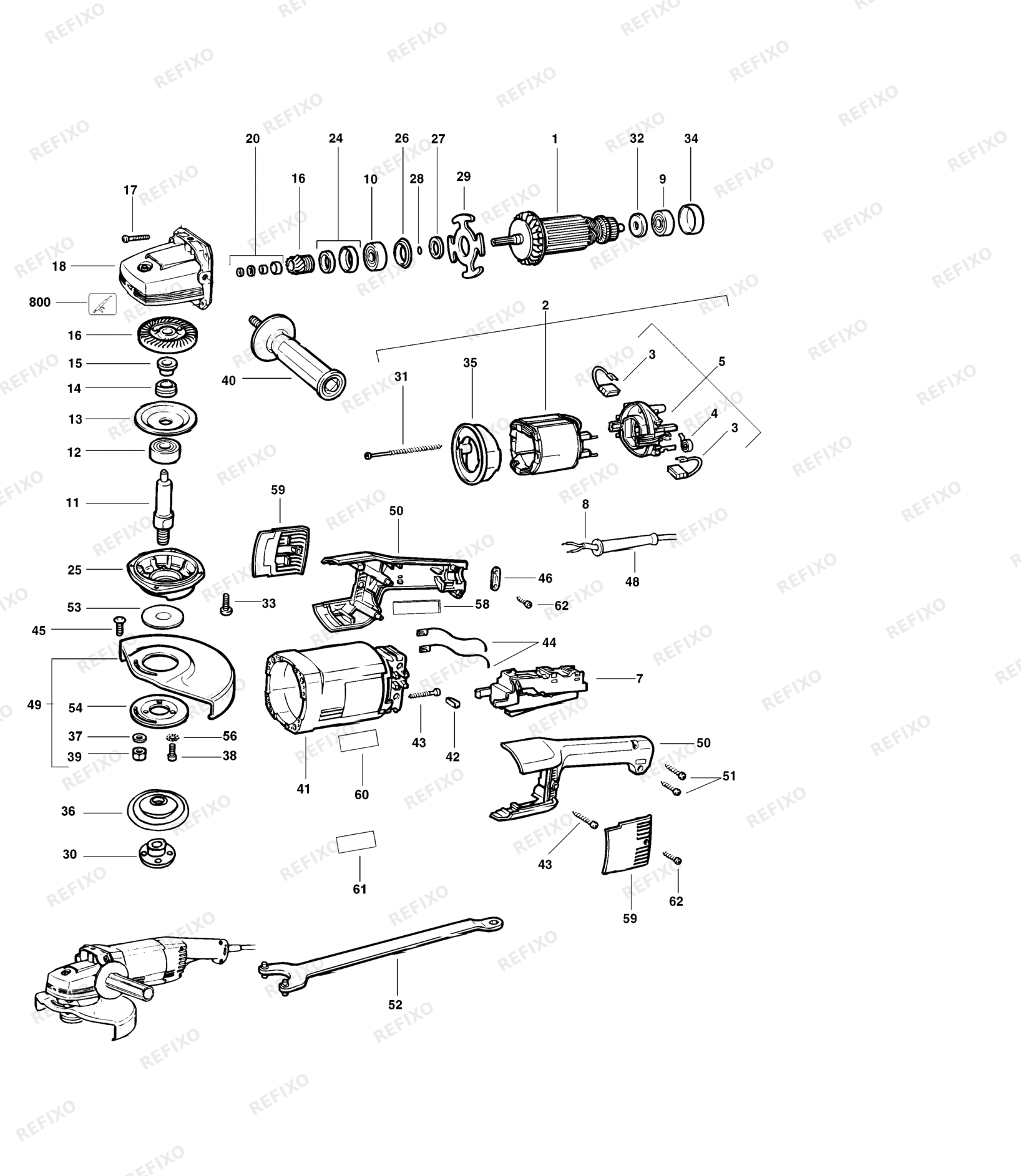 Деталировка DeWalt DW474-XJ TYPE 2 угловая шлифмашина DW474-XJ DW474 — схема запчастей в разборе