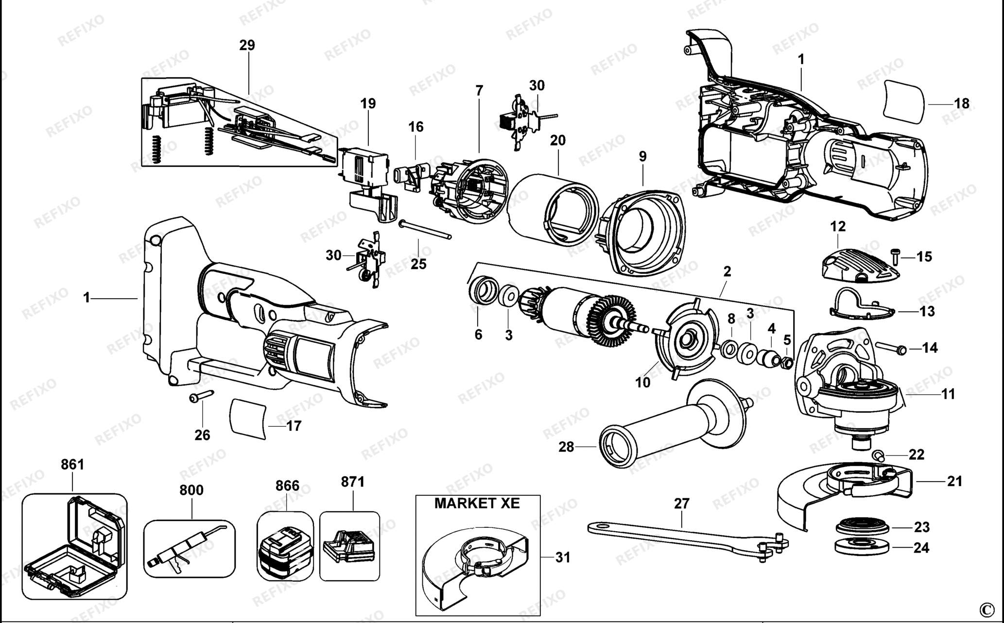Деталировка DeWalt DC415-QW TYPE 1 SMALL ANGLE GRINDER DC415-QW DC415 — схема запчастей в разборе