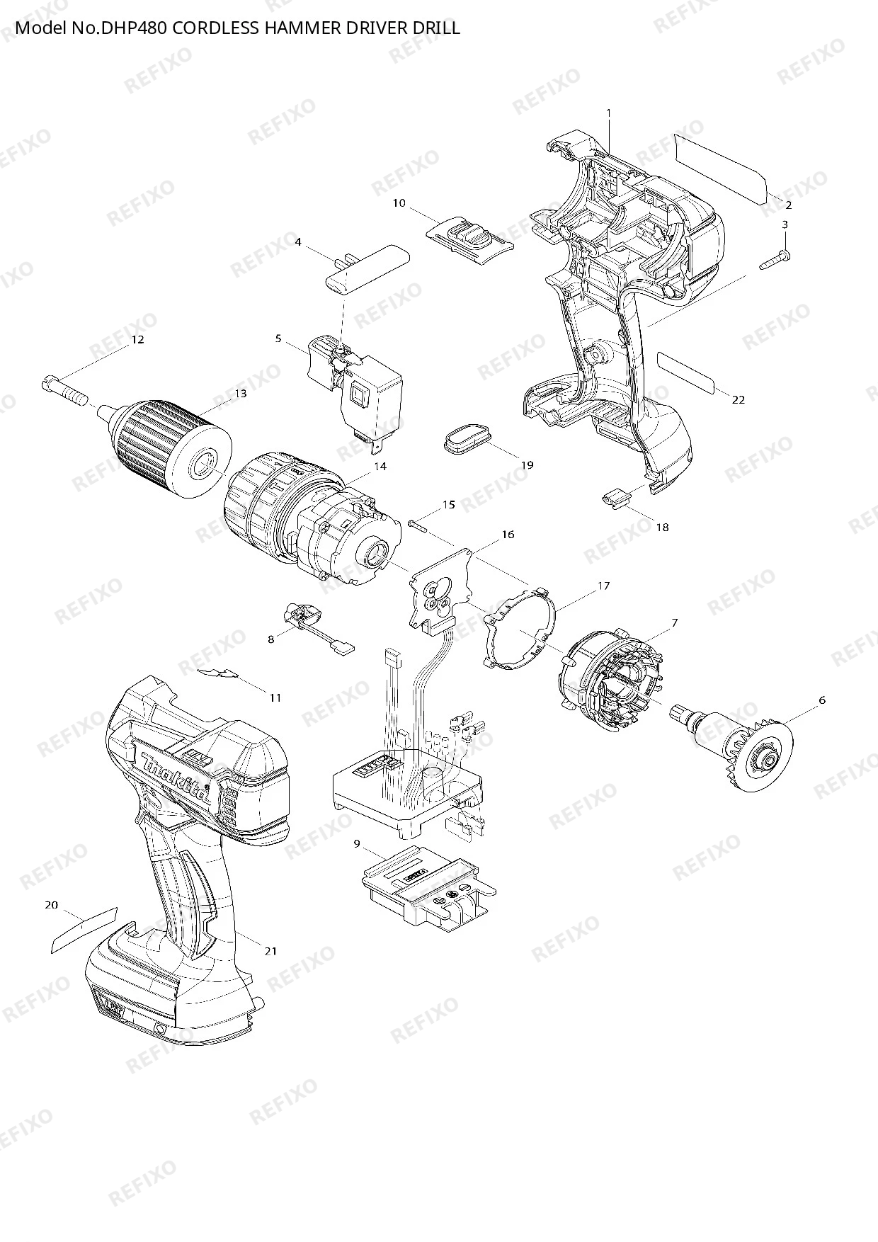 Деталировка MAKITA DHP480 — схема запчастей в разборе