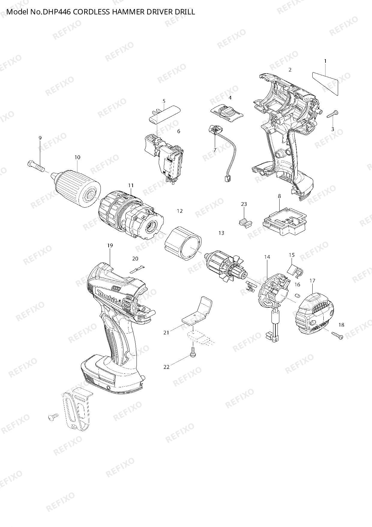 Деталировка MAKITA DHP446 — схема запчастей в разборе