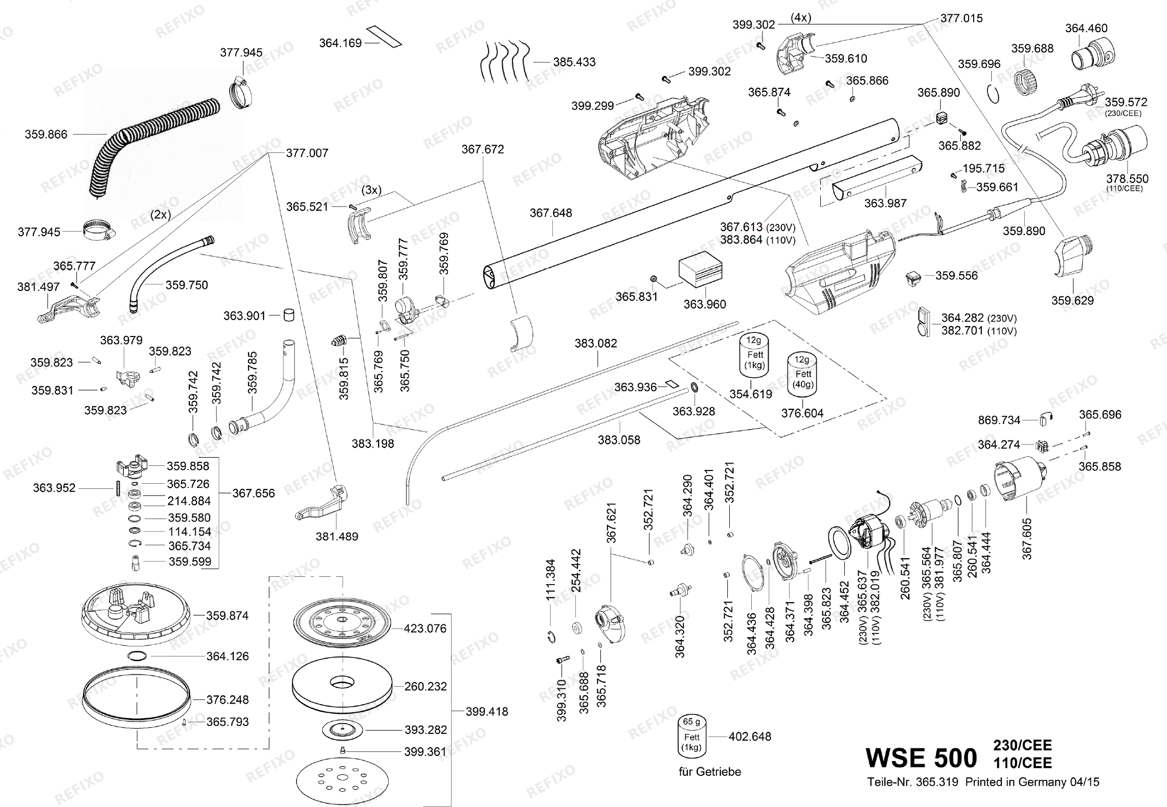 Деталировка Flex WSE 500 Koffer, без Saugschlauch - Langhalsschlei WSE500 — схема запчастей в разборе