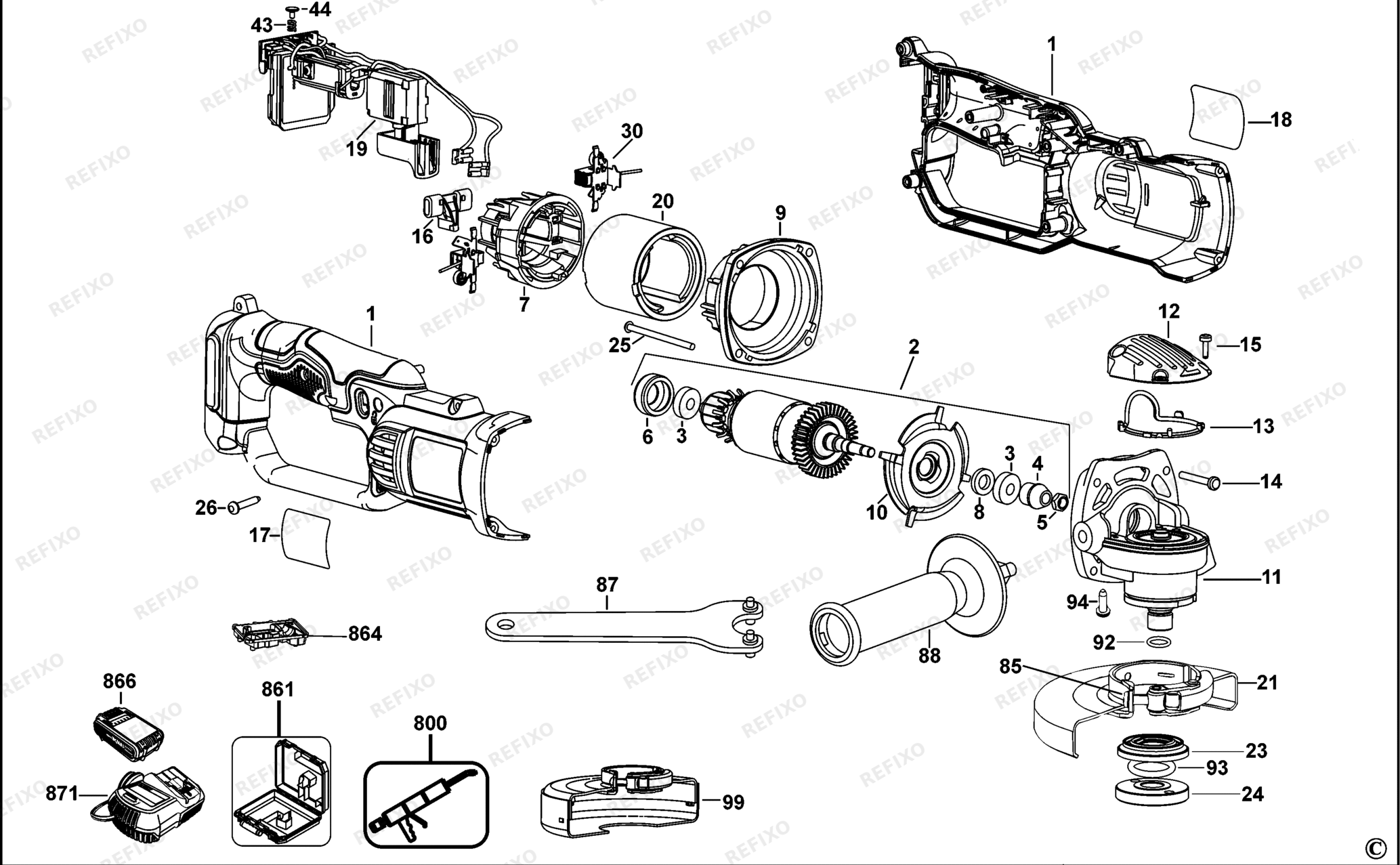 Деталировка DeWalt DCG412-QW TYPE 1 угловая шлифмашина DCG412-QW DCG412 — схема запчастей в разборе