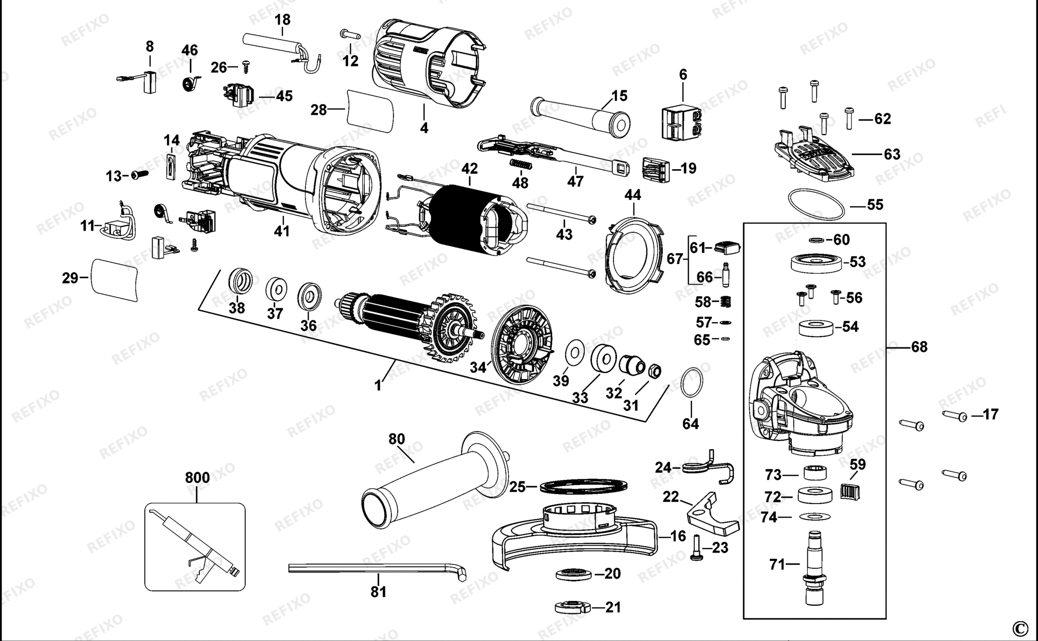 Деталировка DeWalt DWE4056-QS TYPE 1 SMALL ANGLE GRINDER DWE4056-QS DWE4056 — схема запчастей в разборе