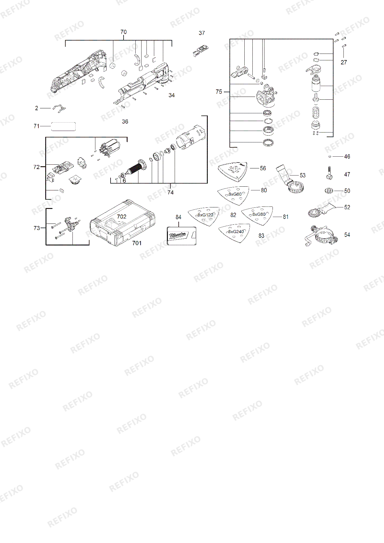 Деталировка MILWAUKEE M12FMT 0 4933472238 4000477385 — схема запчастей в разборе