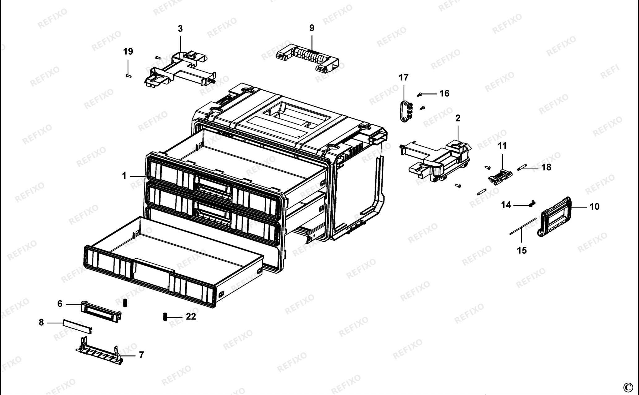 Деталировка DeWalt DWST1-81055-XJ TYPE 1 DRAWER CABINET DWST1-81055-XJ DWST1-81055 — схема запчастей в разборе