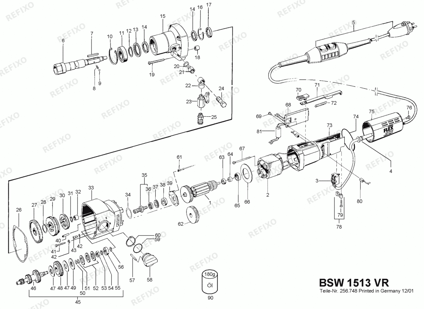 Деталировка Flex BSW 1513 VR 230CEE 256666 — схема запчастей в разборе