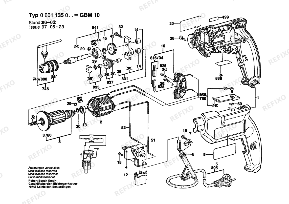 Деталировка Bosch Дрель GBM 10 | 230 V | 001 - EU (0 601 135 003) — схема запчастей в разборе