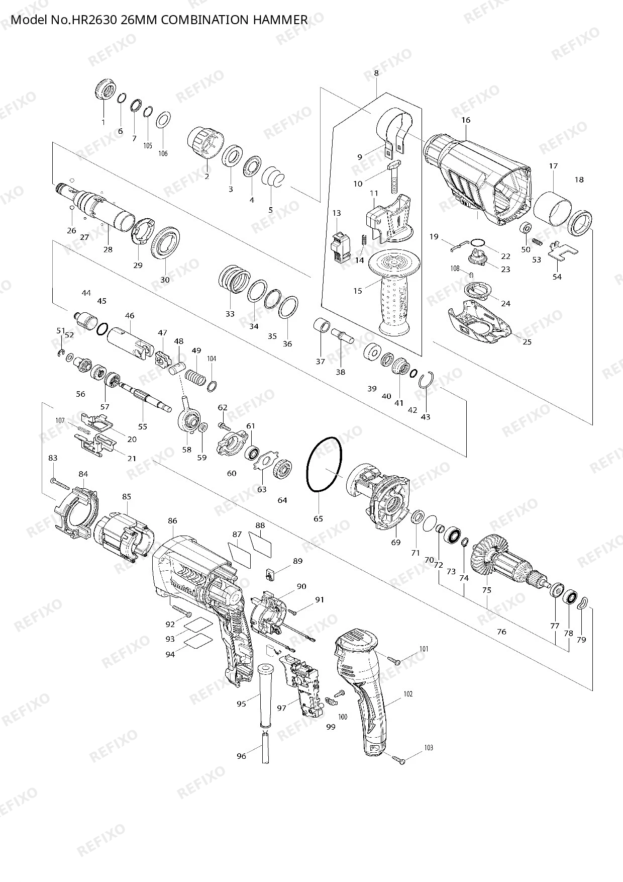 Деталировка MAKITA HR2630 — схема запчастей в разборе