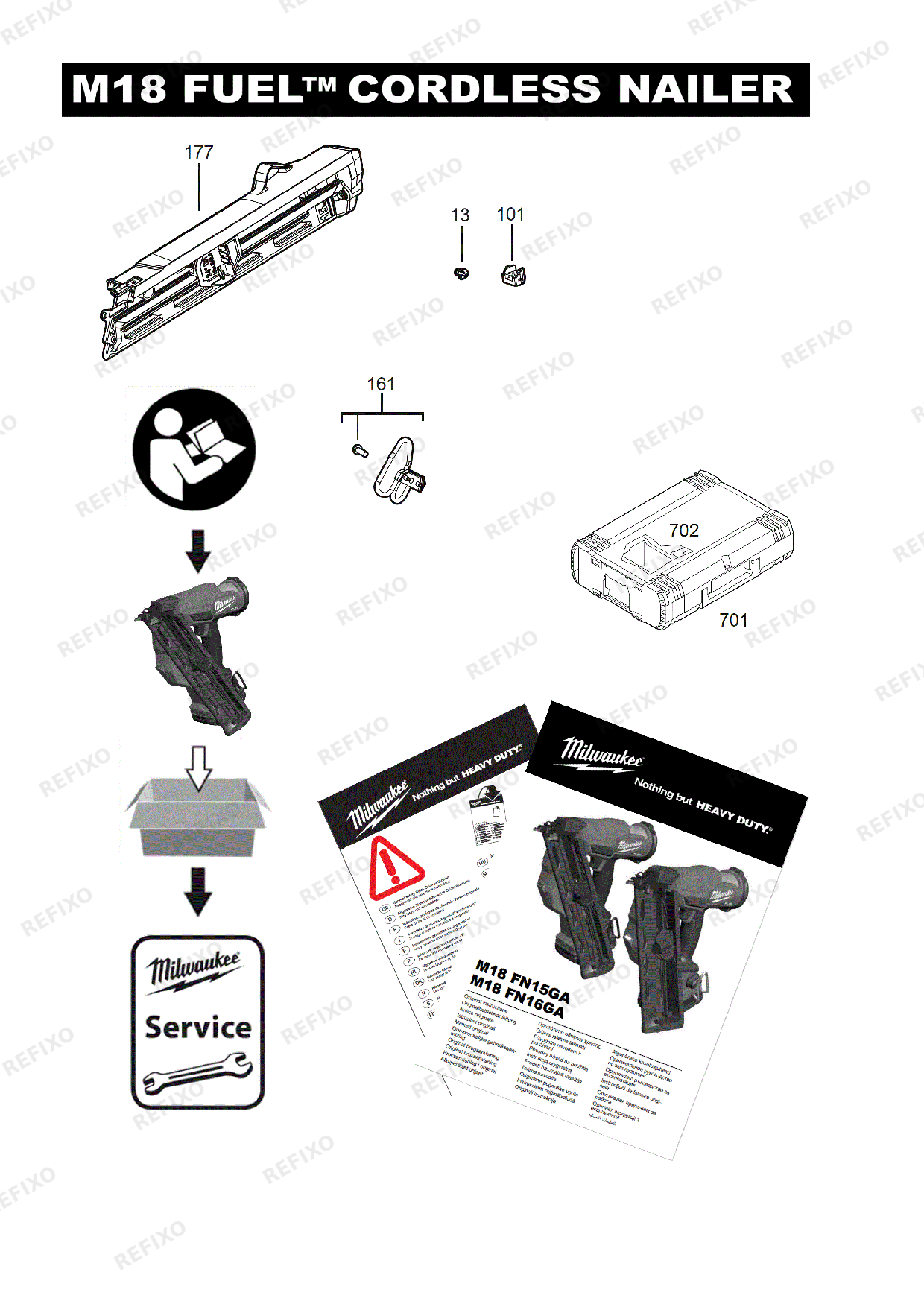 Деталировка MILWAUKEE M18FN15GA 0X 4933478091 4000477421 — схема запчастей в разборе