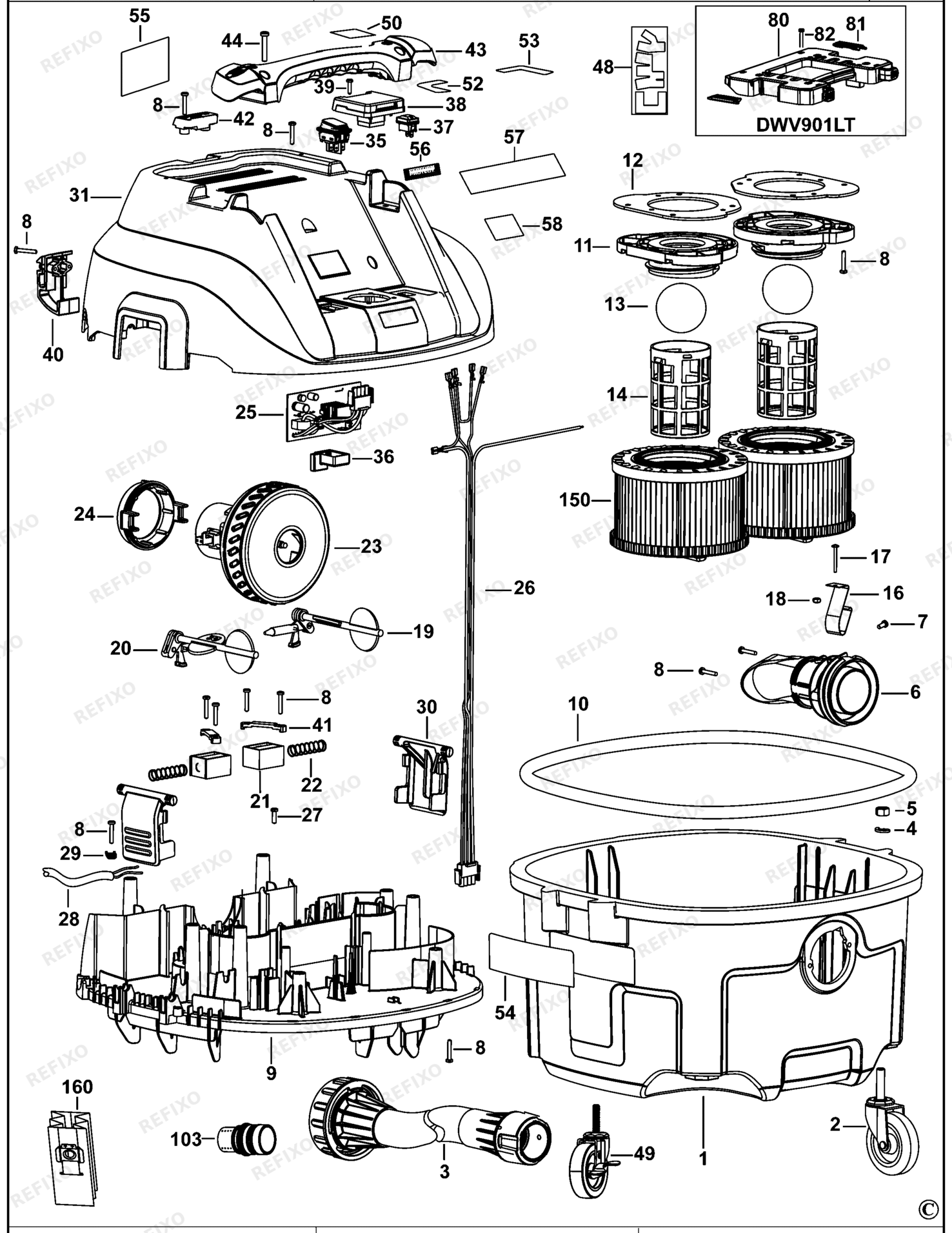 Деталировка DeWalt DWV901L-LX TYPE 1 VACUUM EXTRACTOR DWV901L-LX DWV901L — схема запчастей в разборе