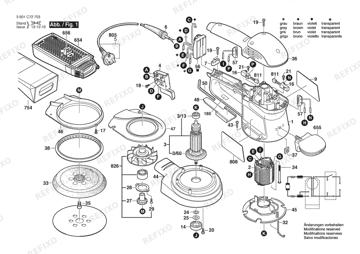 Деталировка Bosch Эксцентриковая шлифмашина GEX 150 AC bulk | 230 V | 036 - GB (3 601 C72 742) — схема запчастей в разборе