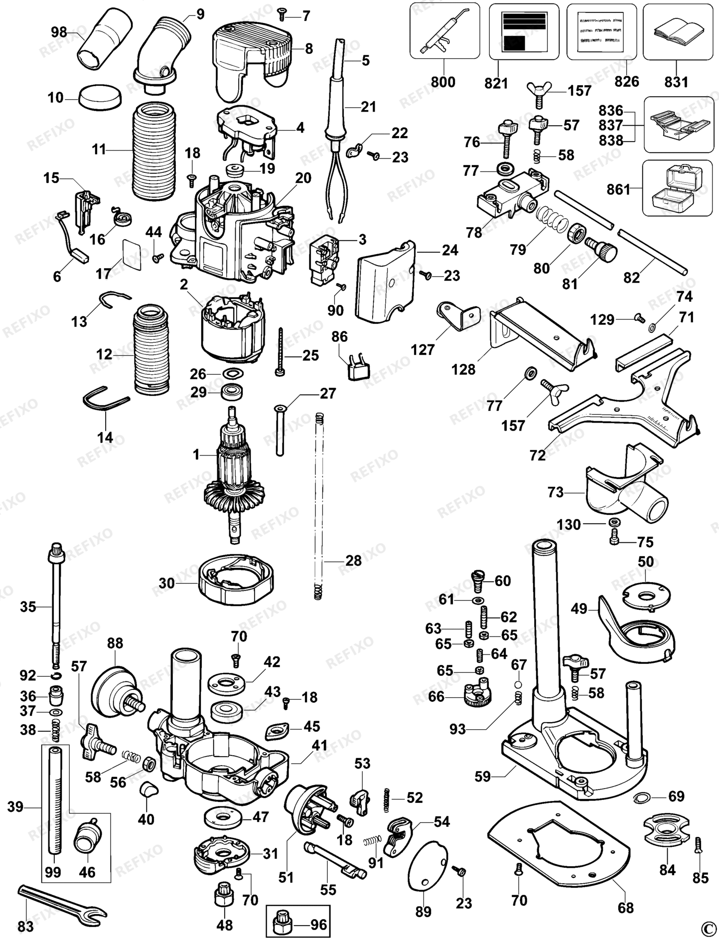 Деталировка DeWalt DW621-220-DE TYPE 1 FRÄSMASCHINE DW621-220-DE DW621-220 — схема запчастей в разборе