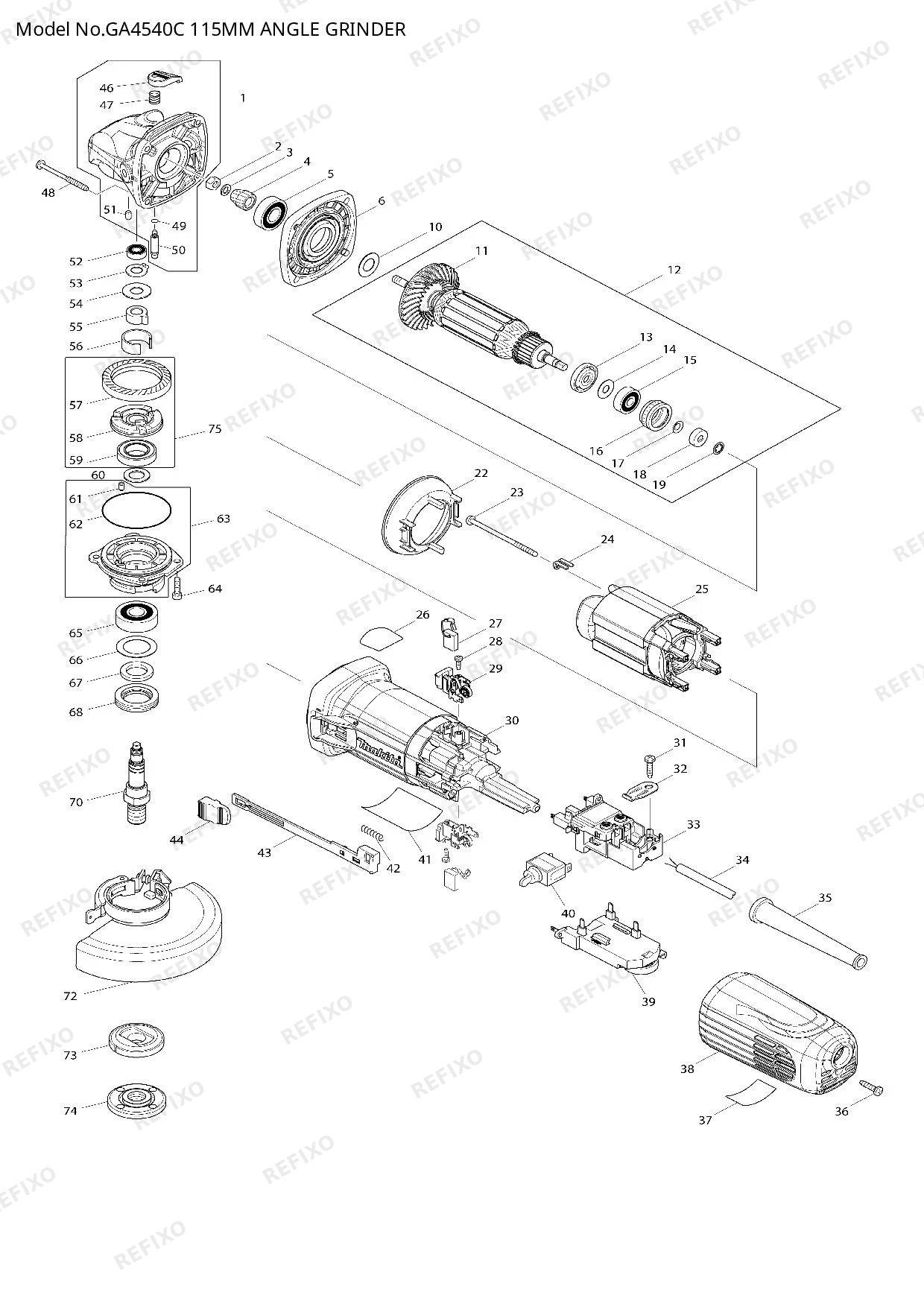 Деталировка MAKITA GA4540C — схема запчастей в разборе