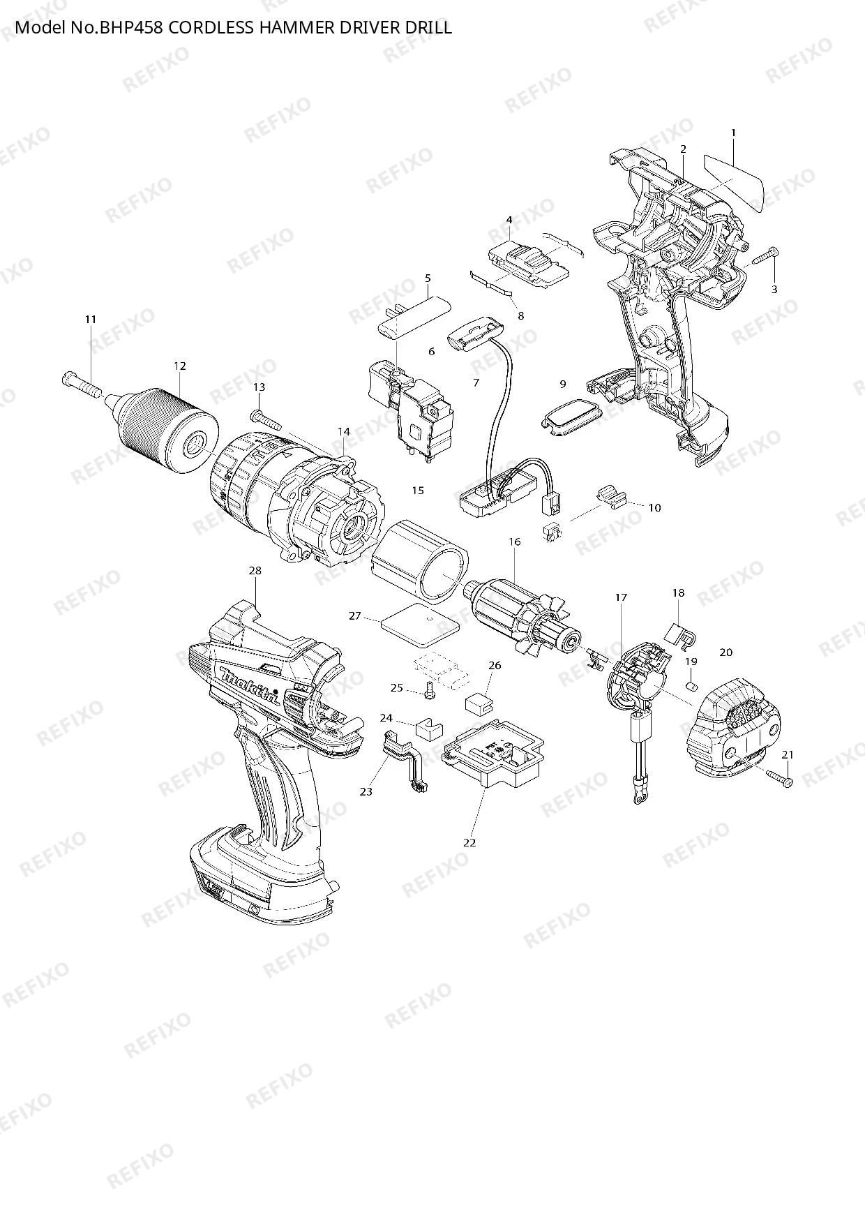 Деталировка MAKITA BHP458 — схема запчастей в разборе