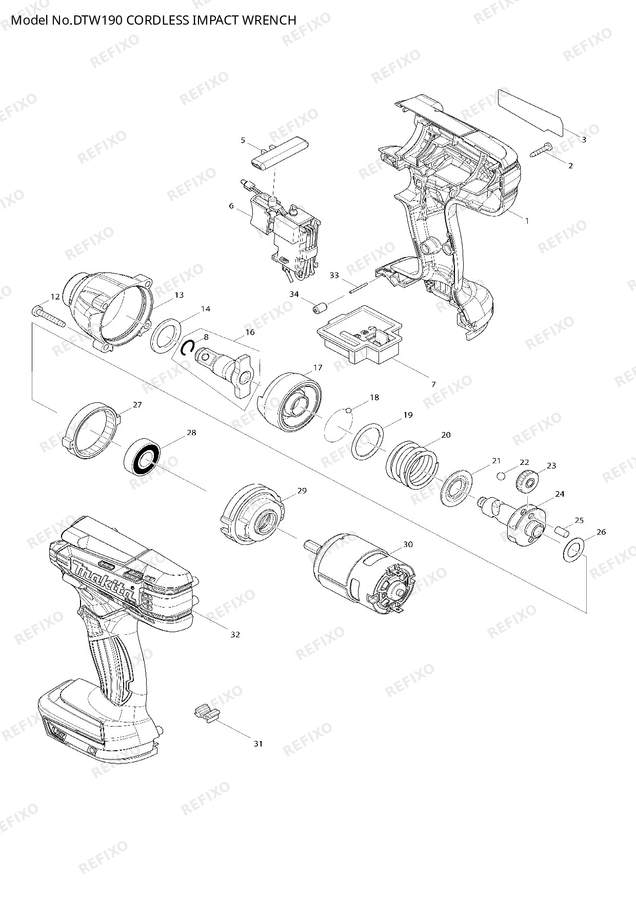 Деталировка MAKITA DTW190 — схема запчастей в разборе