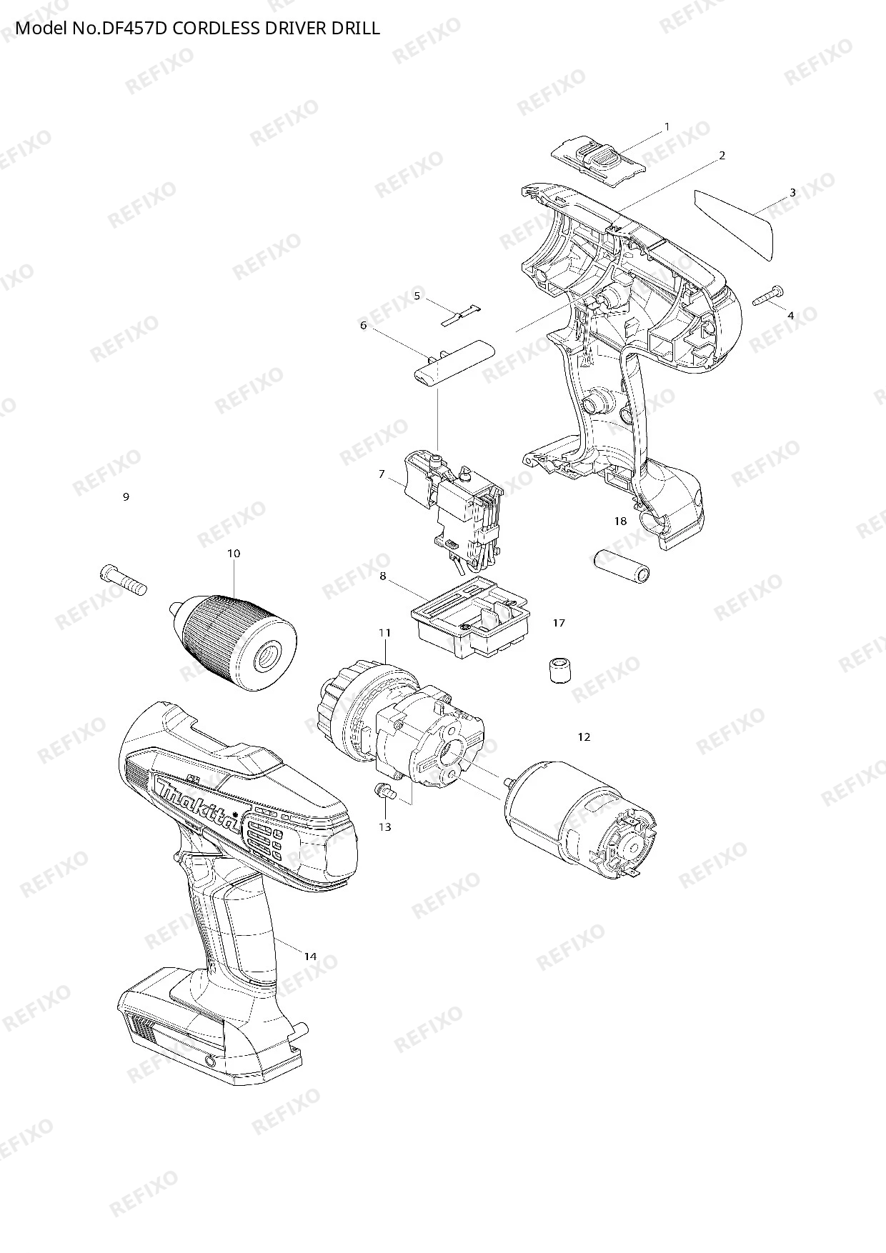 Деталировка MAKITA DF457D — схема запчастей в разборе
