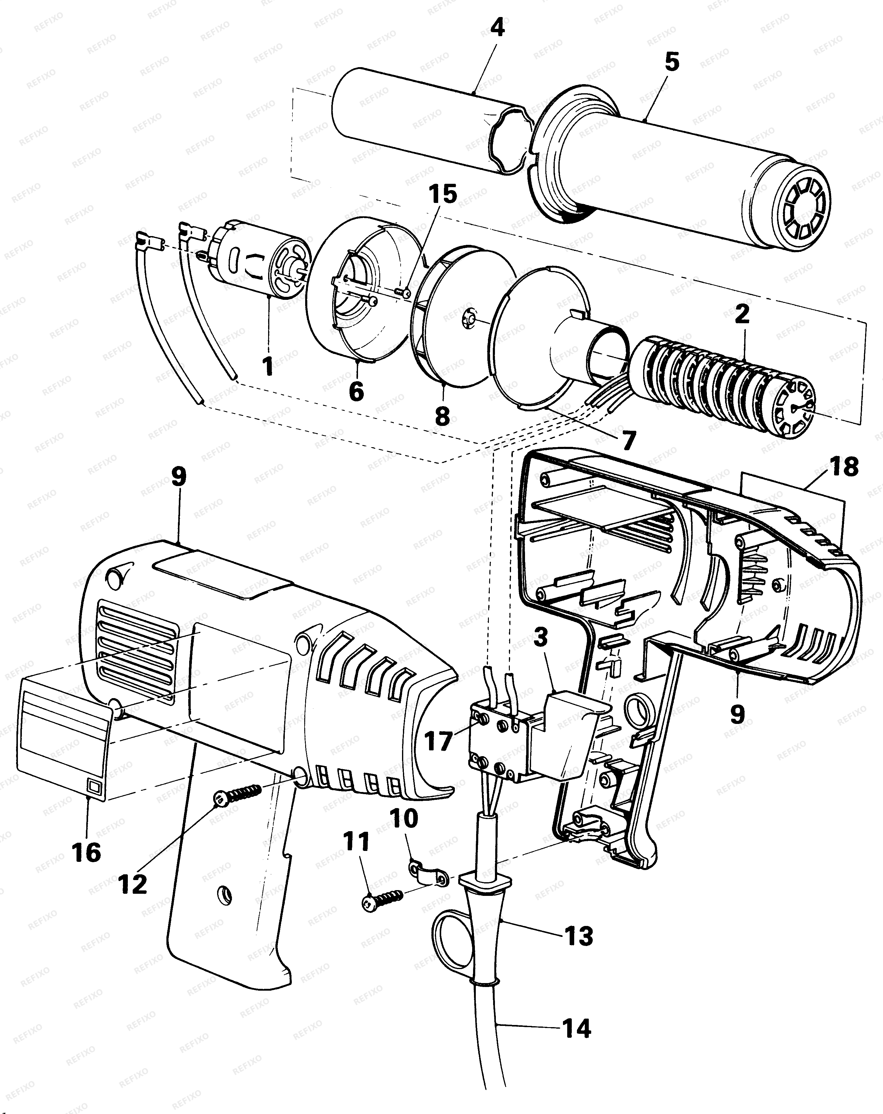 Black&Decker ПИСТОЛЕТ ГОРЯЧЕГО ВОЗДУХА BD1400 — схема запчастей