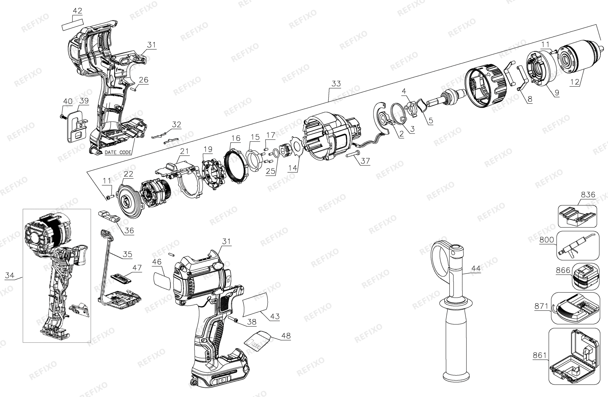 Деталировка DeWalt DCD997N-XJ TYPE 1 XR 18V TC BL PREMIUM DRIL DCD997N-XJ DCD997N — схема запчастей в разборе