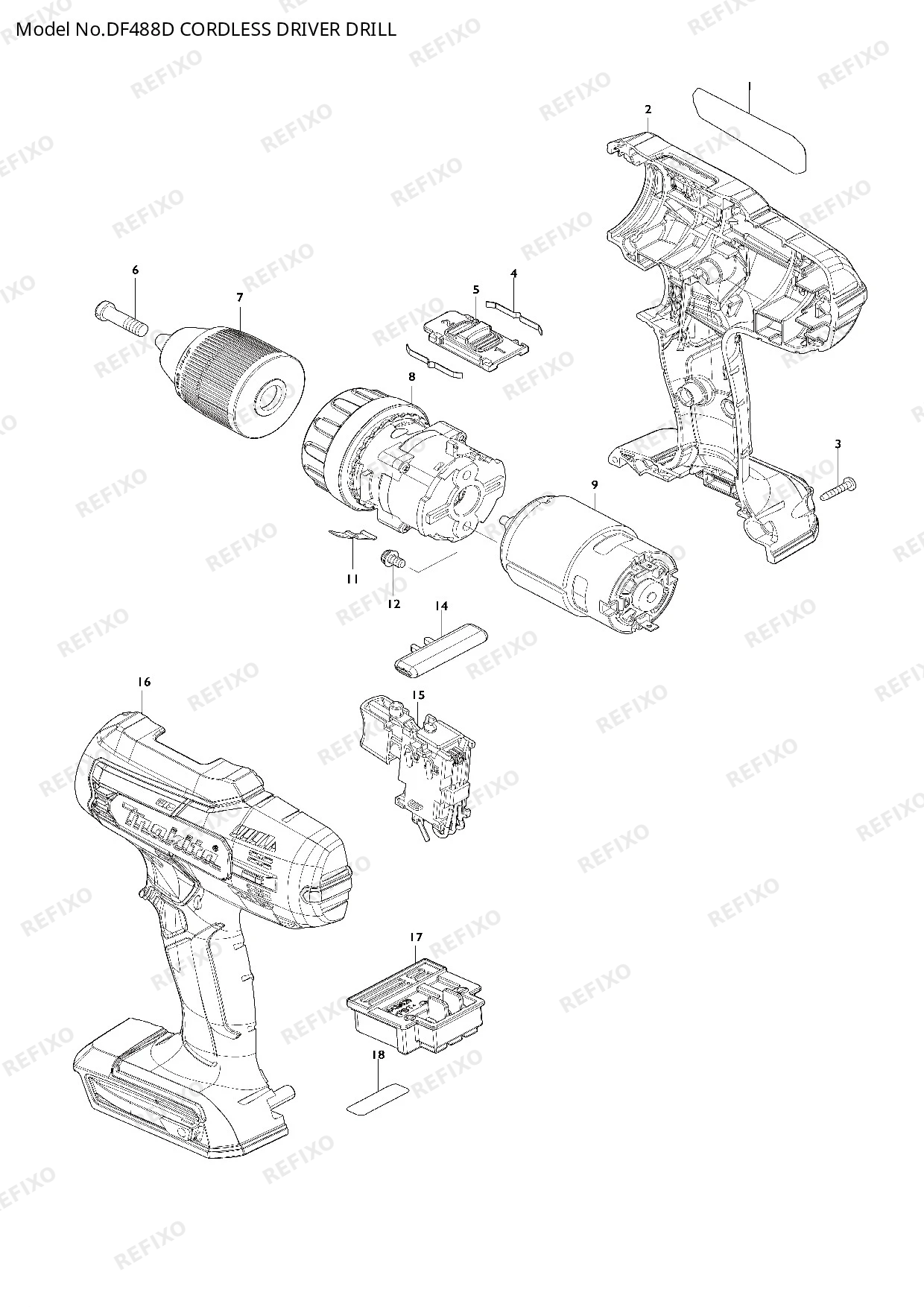 Деталировка MAKITA DF488D — схема запчастей в разборе