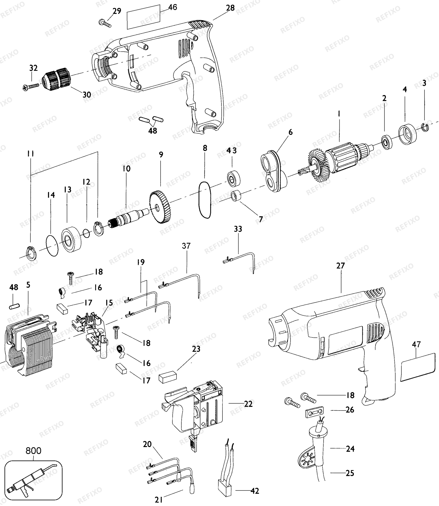 Деталировка DeWalt BER145364-LX TYPE 1 38 INCH CORDED DRILL BER145364-LX BER145364 — схема запчастей в разборе