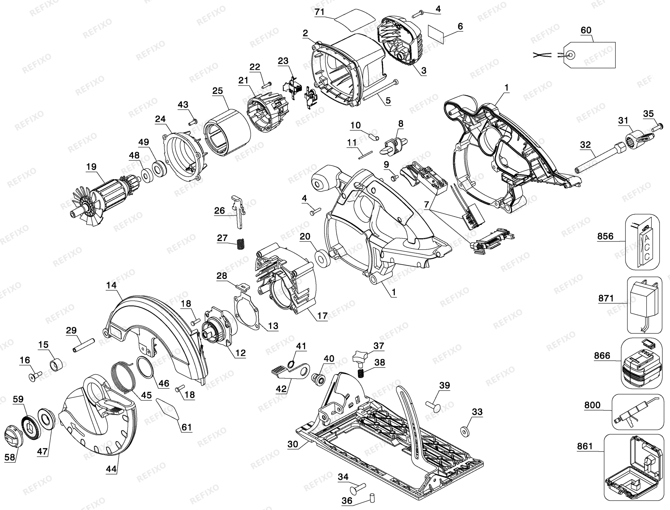 Деталировка DeWalt DC301KN-XJ TYPE 1 36V Circular Saw DC301KN-XJ DC301KN — схема запчастей в разборе