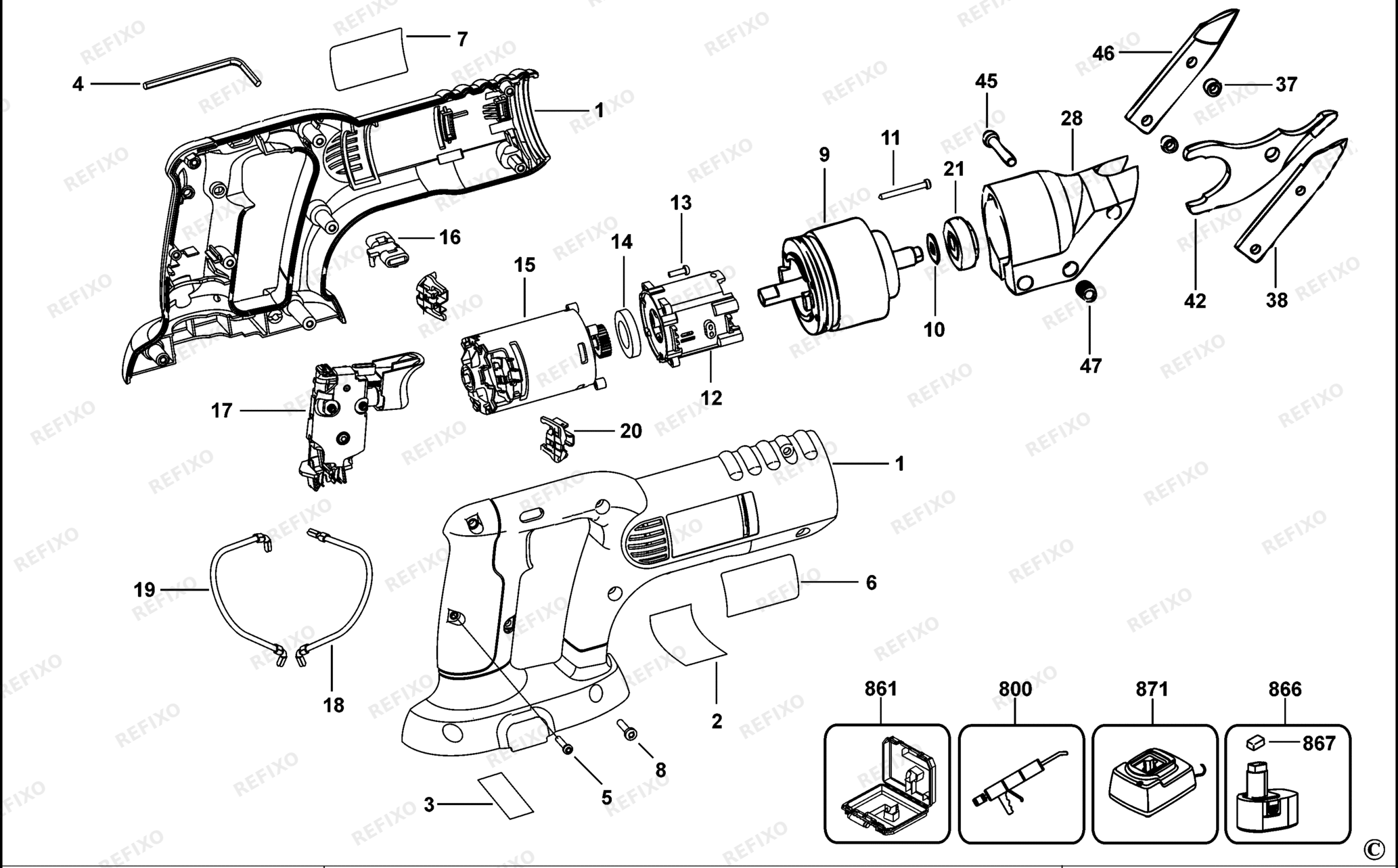 Деталировка DeWalt DC490-XJ TYPE 1 аккумуляторный -SCHERE DC490-XJ DC490 — схема запчастей в разборе