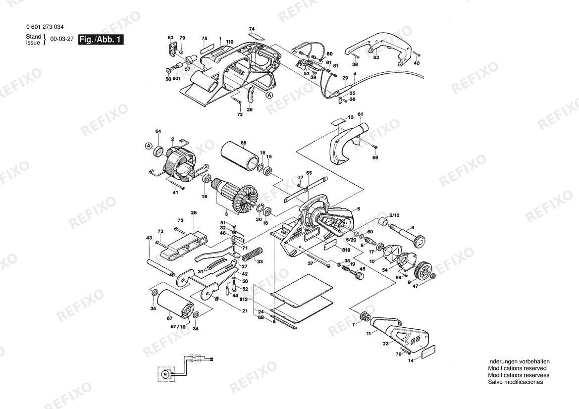 Деталировка Bosch Ленточная шлифмашина GBS 1273.0 | 115 V (0 601 273 034) — схема запчастей в разборе