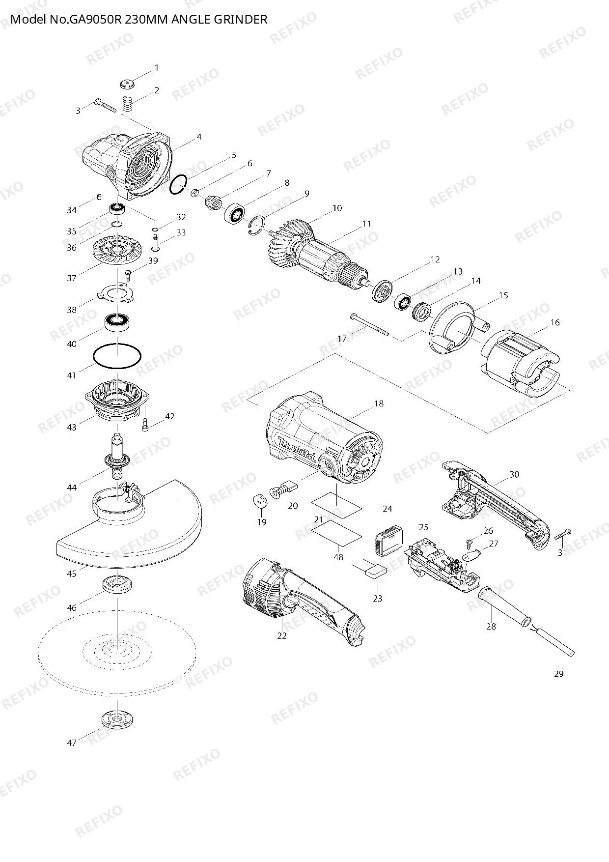 Деталировка MAKITA GA9050R — схема запчастей в разборе