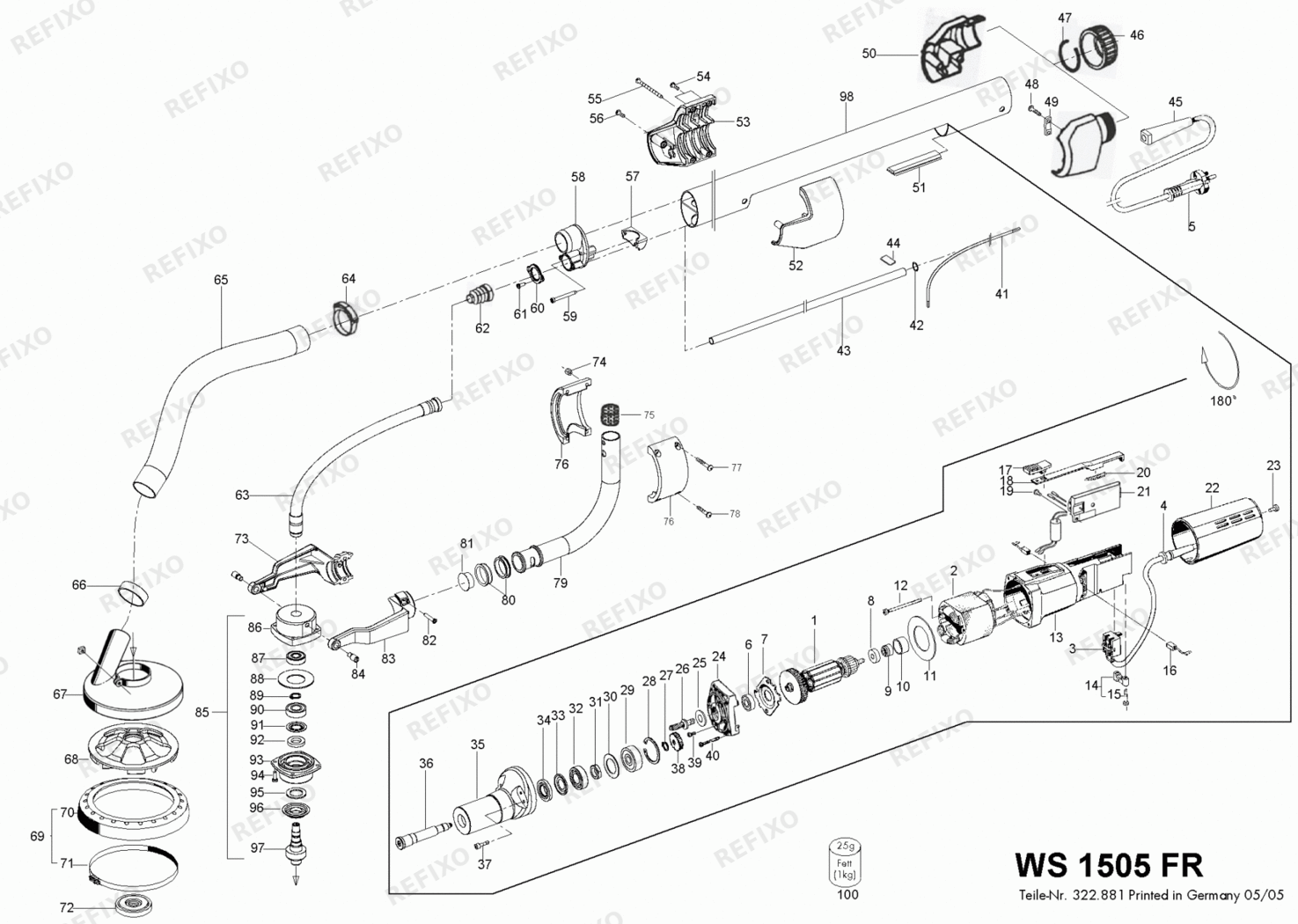 Деталировка Flex WS 1505 FR 230CEE 322857 — схема запчастей в разборе