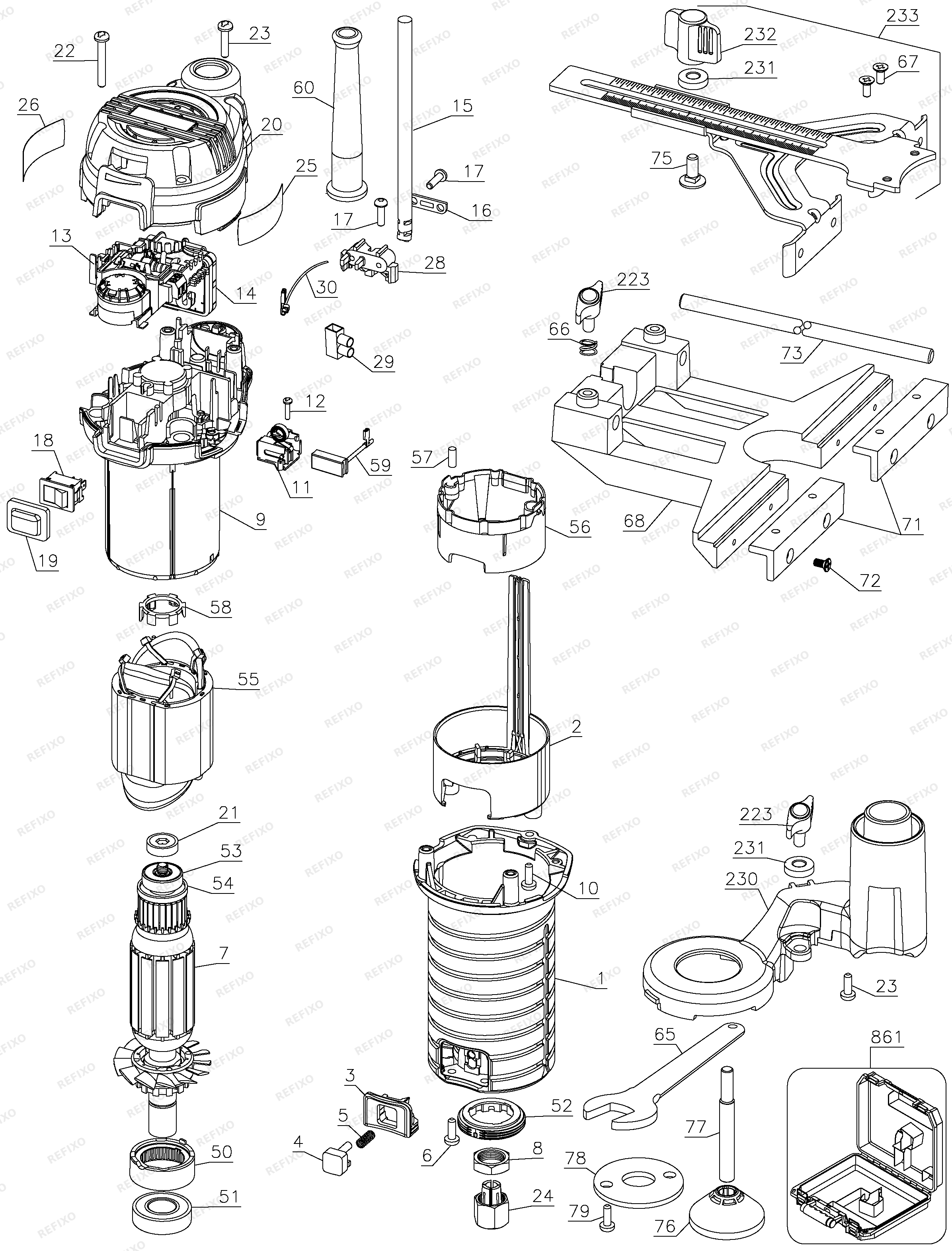 Деталировка DeWalt ПОГРУЖНАЯ БАЗА COMPACT ROUTE D26203 — схема запчастей в разборе