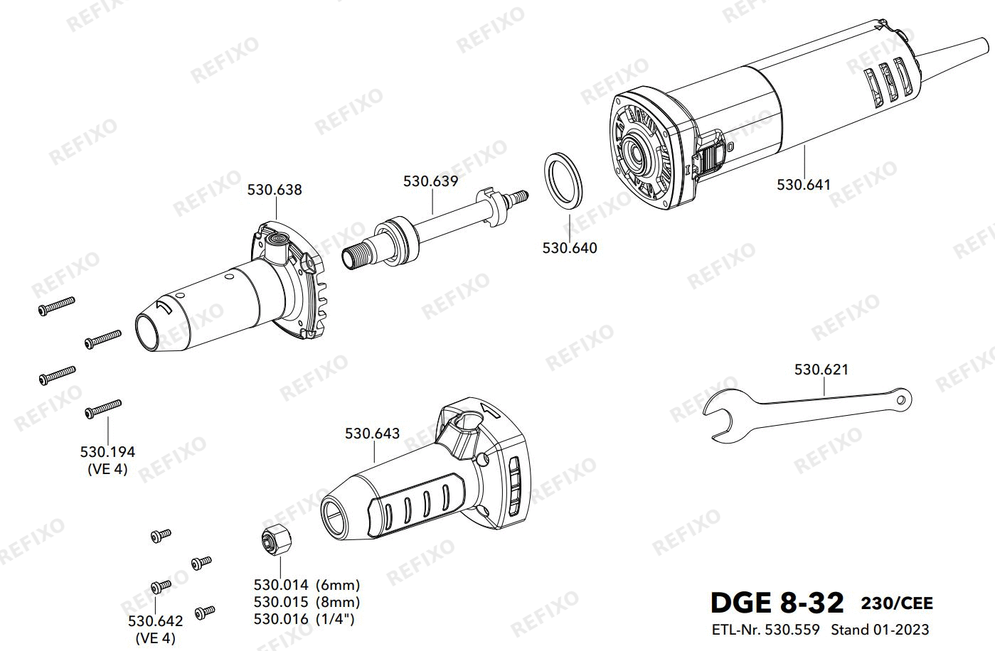 Деталировка Flex DGE 8-32 230BS — схема запчастей в разборе
