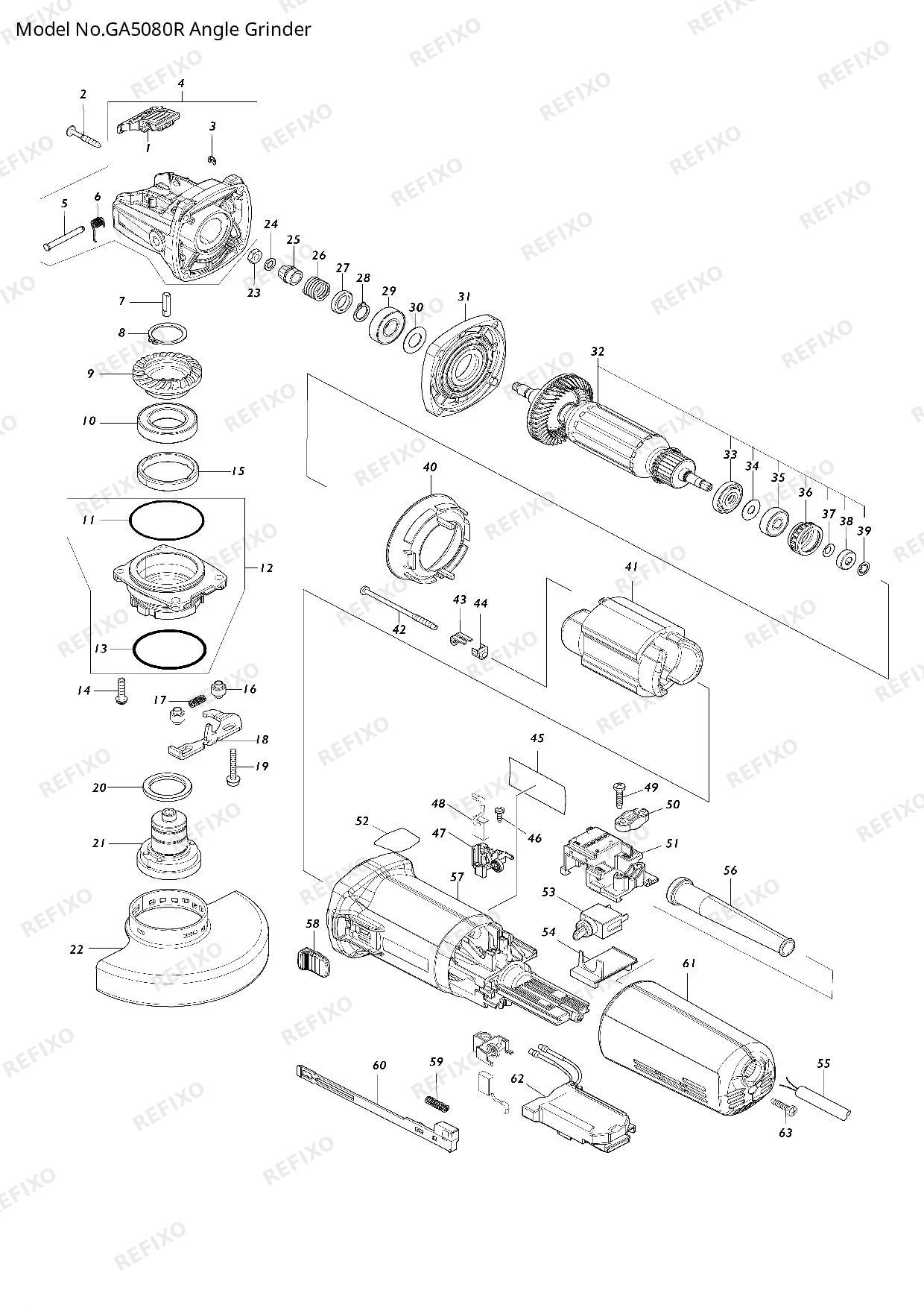 Деталировка MAKITA GA5080R — схема запчастей в разборе